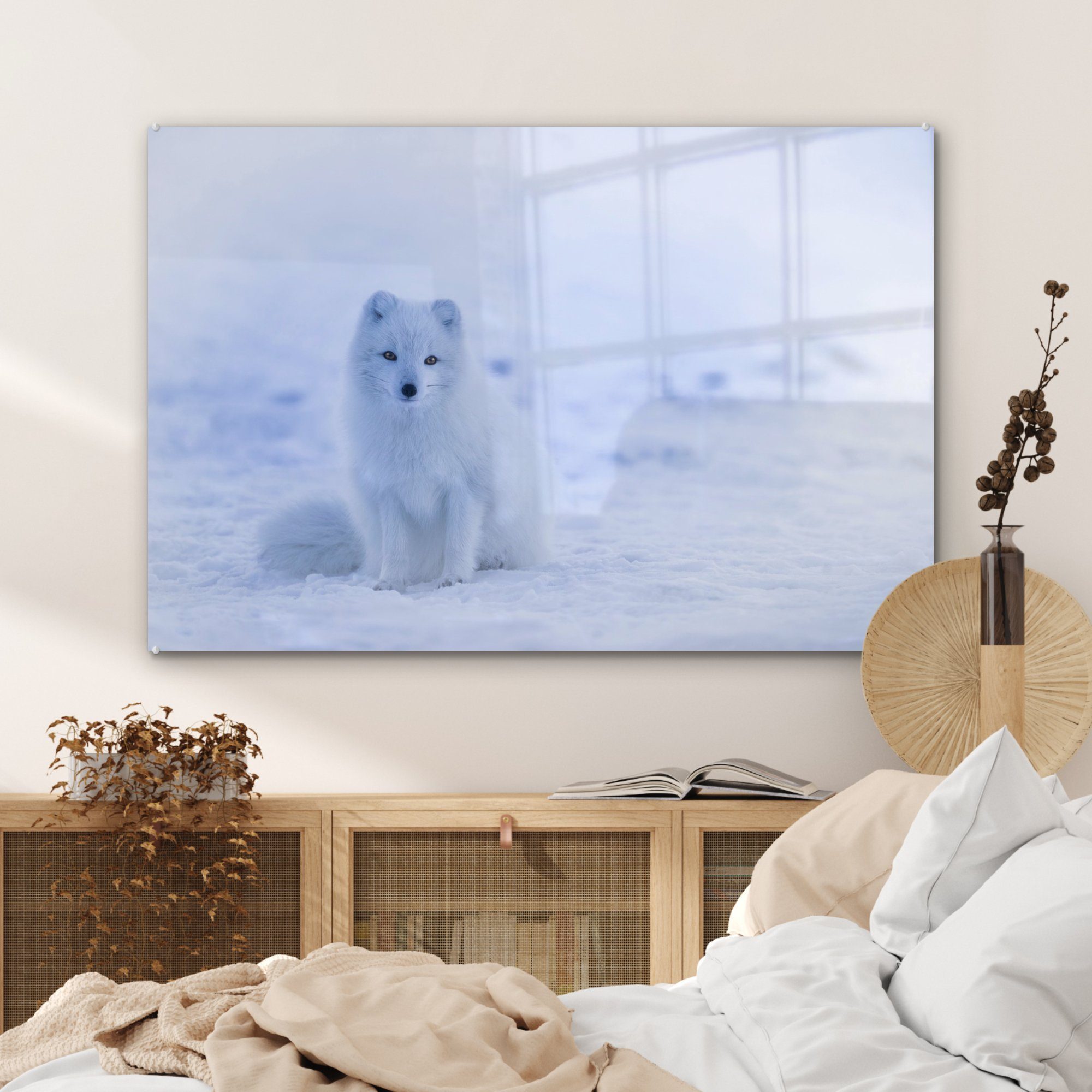 & - Schnee MuchoWow Wohnzimmer St), Acrylglasbilder - Acrylglasbild Fuchs Schlafzimmer (1 Schneespur,