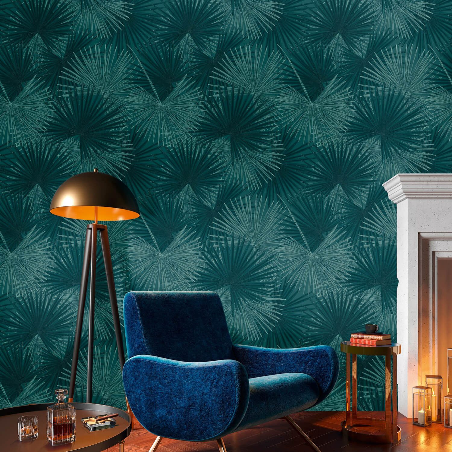 Profhome Fototapete 391841-GU Vliestapete Dschungel matt türkis petrol, (1 Rolle, 4,45 qm), heißgeprägte Vliestapete, petrol