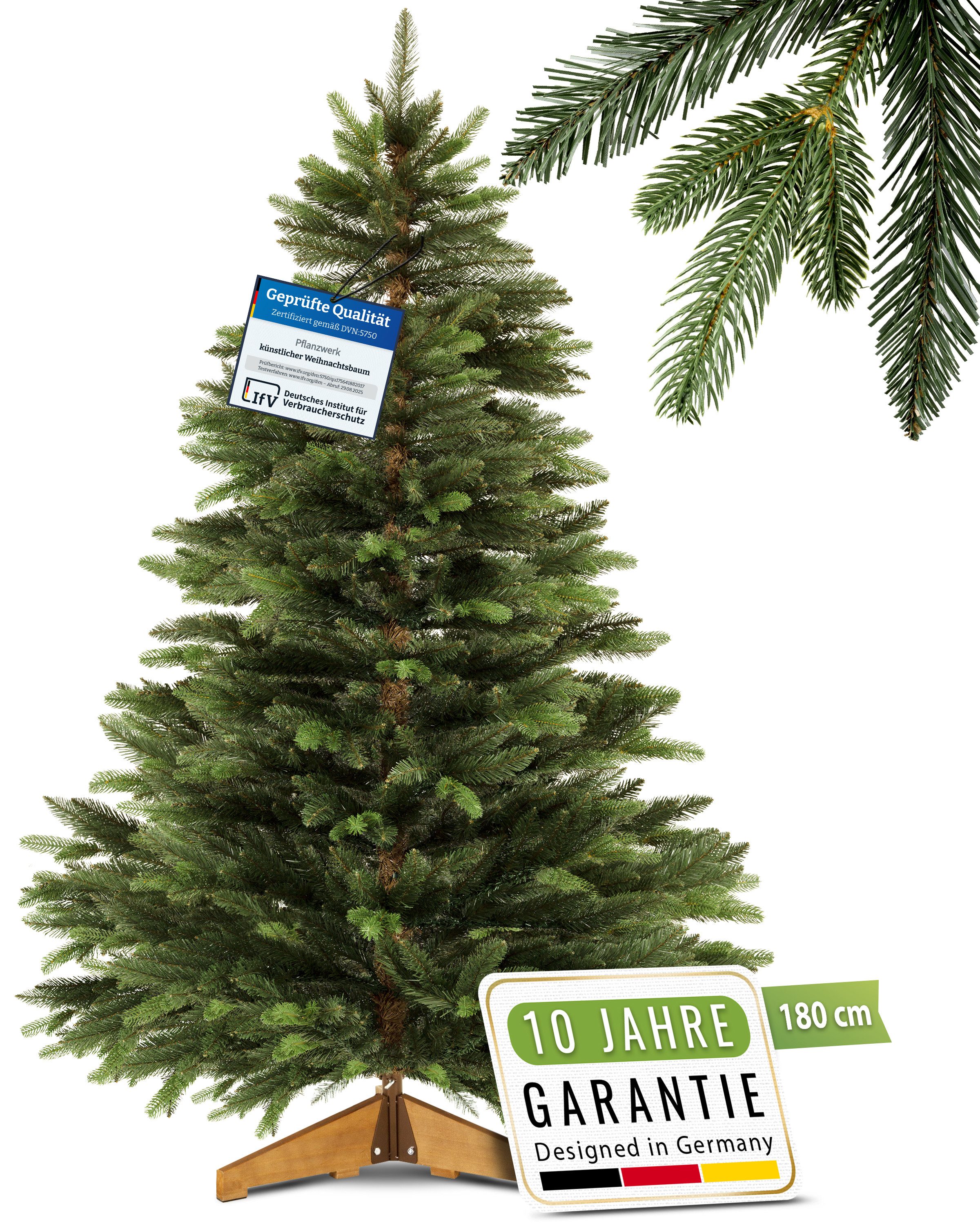 Pflanzwerk® Künstlicher Weihnachtsbaum NORDMANNTANNE Tannenbaum Christbaum Holzständer TESTSIEGER - GARANTIE, Nordmanntanne, Nachhaltig - Zweige aus Spritzguss - Schwer entflammbar