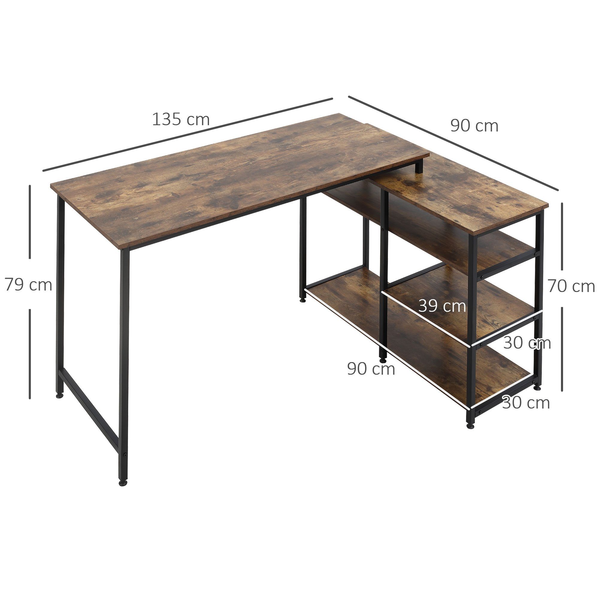 HOMCOM Eckschreibtisch PC-Tisch Computertisch mit Regal und Schublade, L-Form (Bürotisch, 1-St., Winkelschreibtisch), Spanplatte Metall Rustikales Braun 135 x 90 x 79 cm