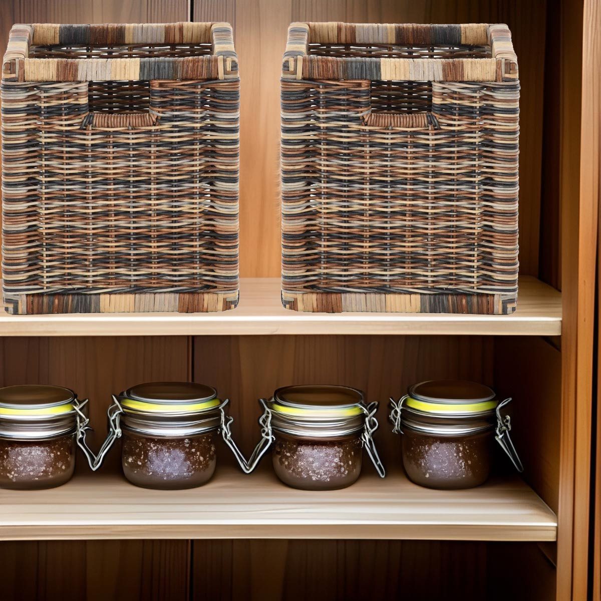 Krines Home Regalkorb Set/2 Regalkorb Aufbewahrungskorb geflochten Rattan (Quadratisch) (2-teiliges Set), Korbset Aufbewahrung Regal Schrankkorb Korb, ca. 28 x  – Bild 5 von 5