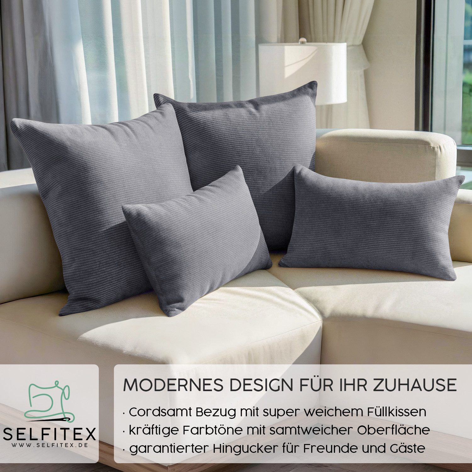Selfitex Dekokissen 4er Set Cord Kissen inkl. Füllkissen, 2x 50x50 & 2x 30x50, robuster Bezug mit satten Farben, weiches Füllkissen