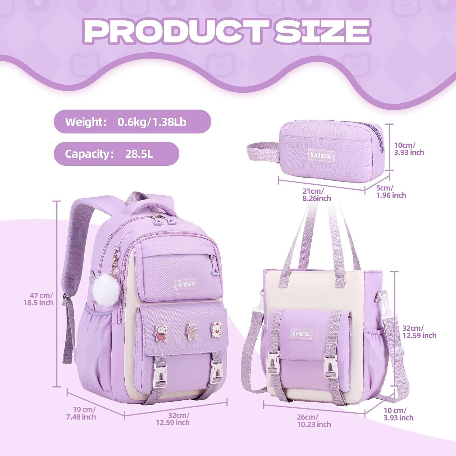 LIANNA Schulrucksack 3‑teiliger lila Mädchen Schulrucksack, leicht, wasserabweisend (Set, 3-tlg., 3‑teiliger lila Mädchen Schulrucksack, leicht, wasserabweisend)
