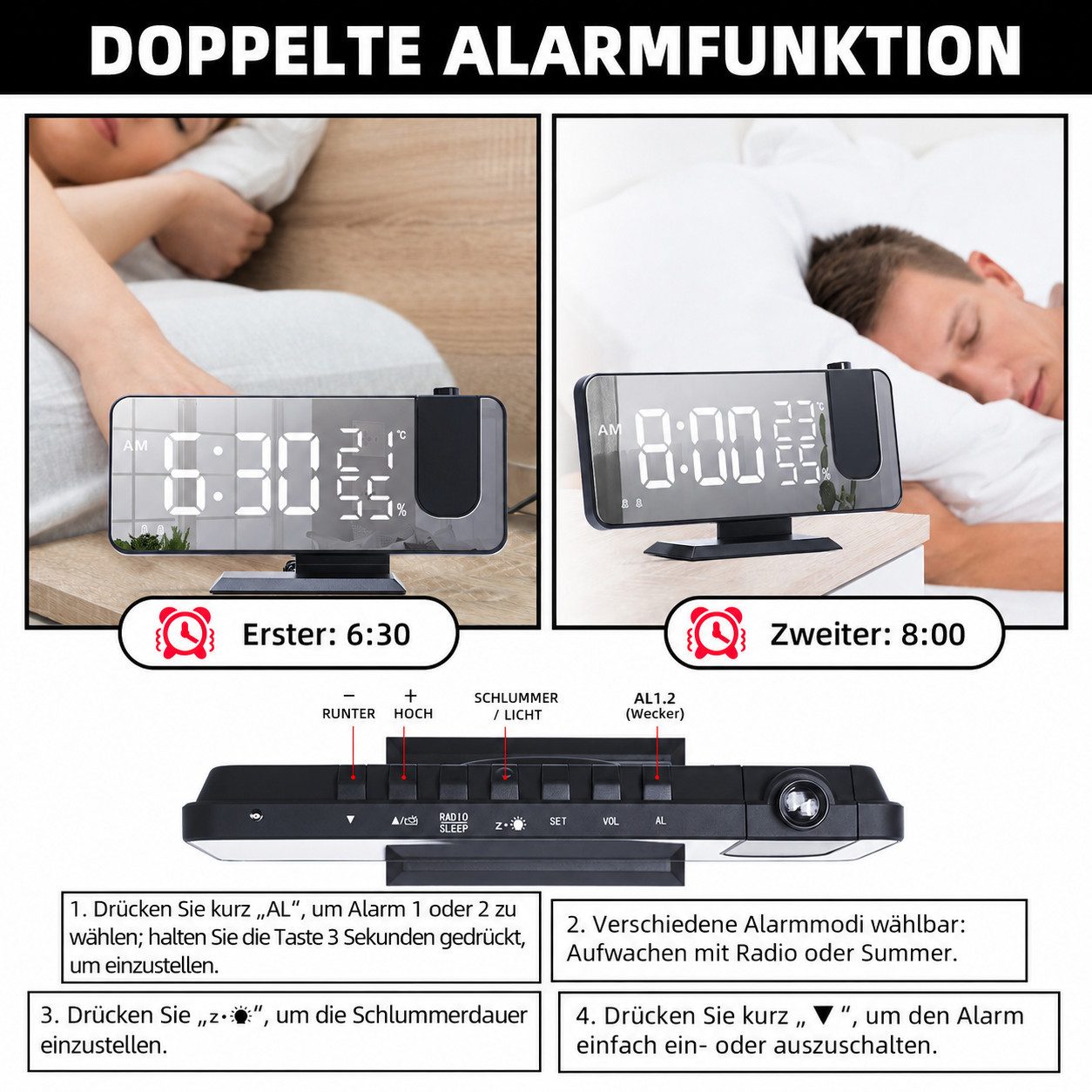 Lisabonde Radiowecker Projektionswecker mit FM-Radio, Thermometer & USB Automatischer Lichtsensor, Zwei separate Alarme, Schlaf-Timer – Bild 5 von 5