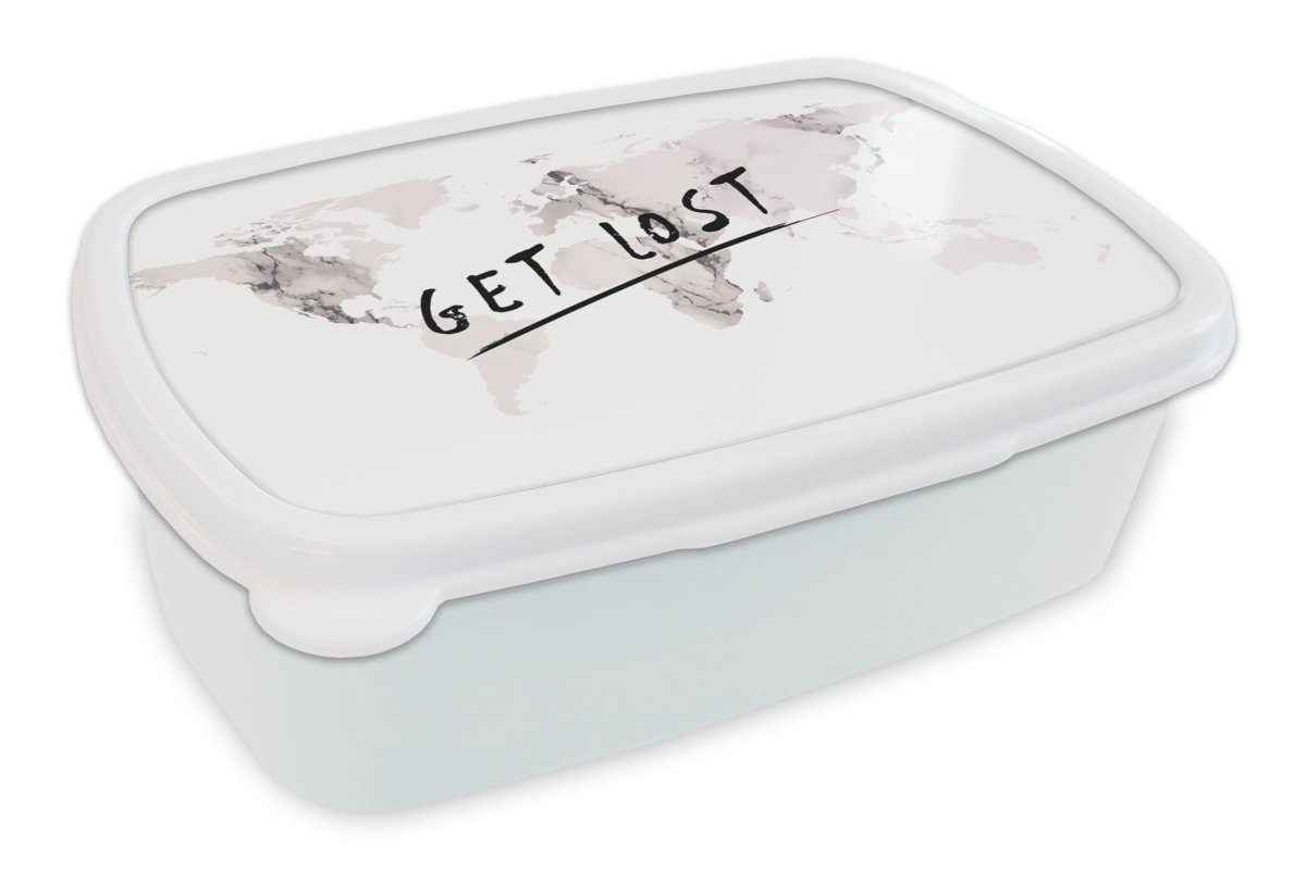 MuchoWow Lunchbox Weltkarte - Marmor - Zitat, Kunststoff, (2-tlg), Brotbox für Kinder und Erwachsene, Brotdose, für Jungs und Mädchen weiß