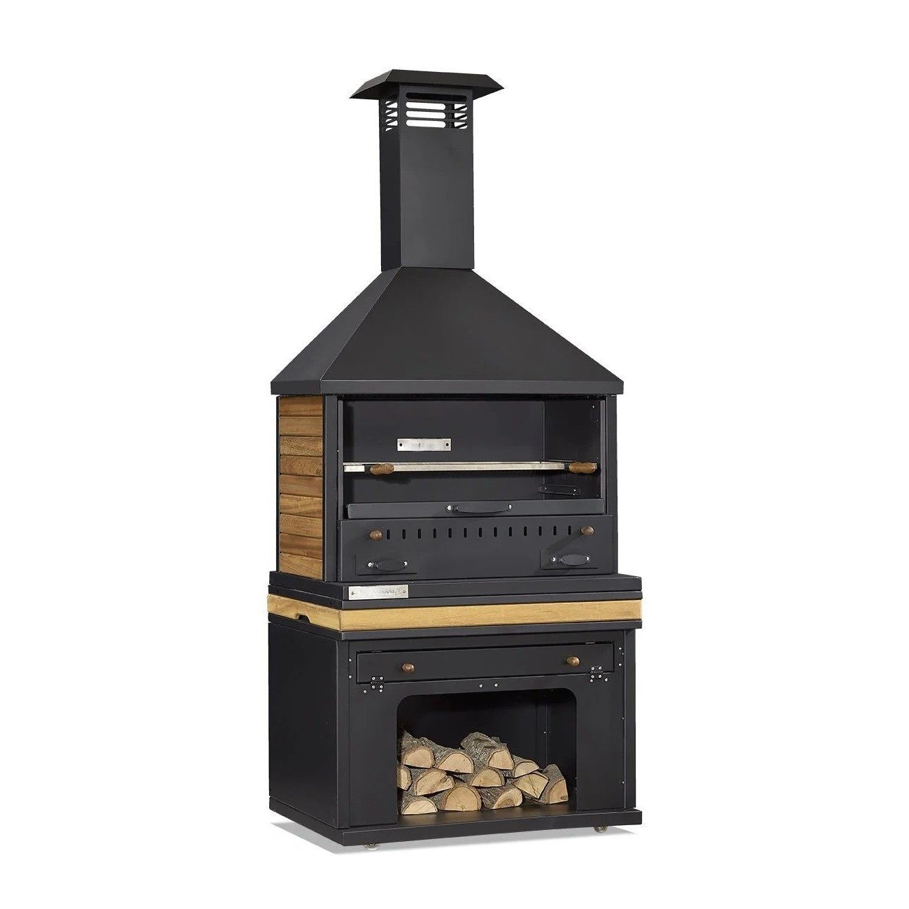 Xlmoebel Outdoor-Küche XLMOEBEL Grillkamin aus Holz und Edelstahl in elegantem Schwarz, Made in Europa