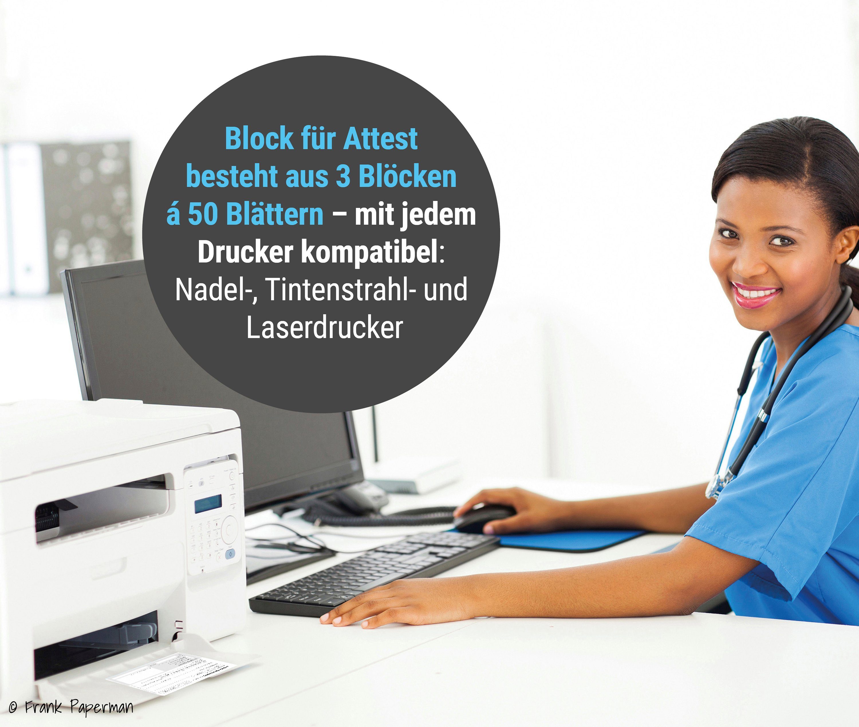 Frank Paperman Formularblock Ärztliche Bescheinigung, Block à 50 Blatt, Behandlungbescheinigung, 100 % Recyclingpapier, Sportunfähigkeit, Krankschreibung