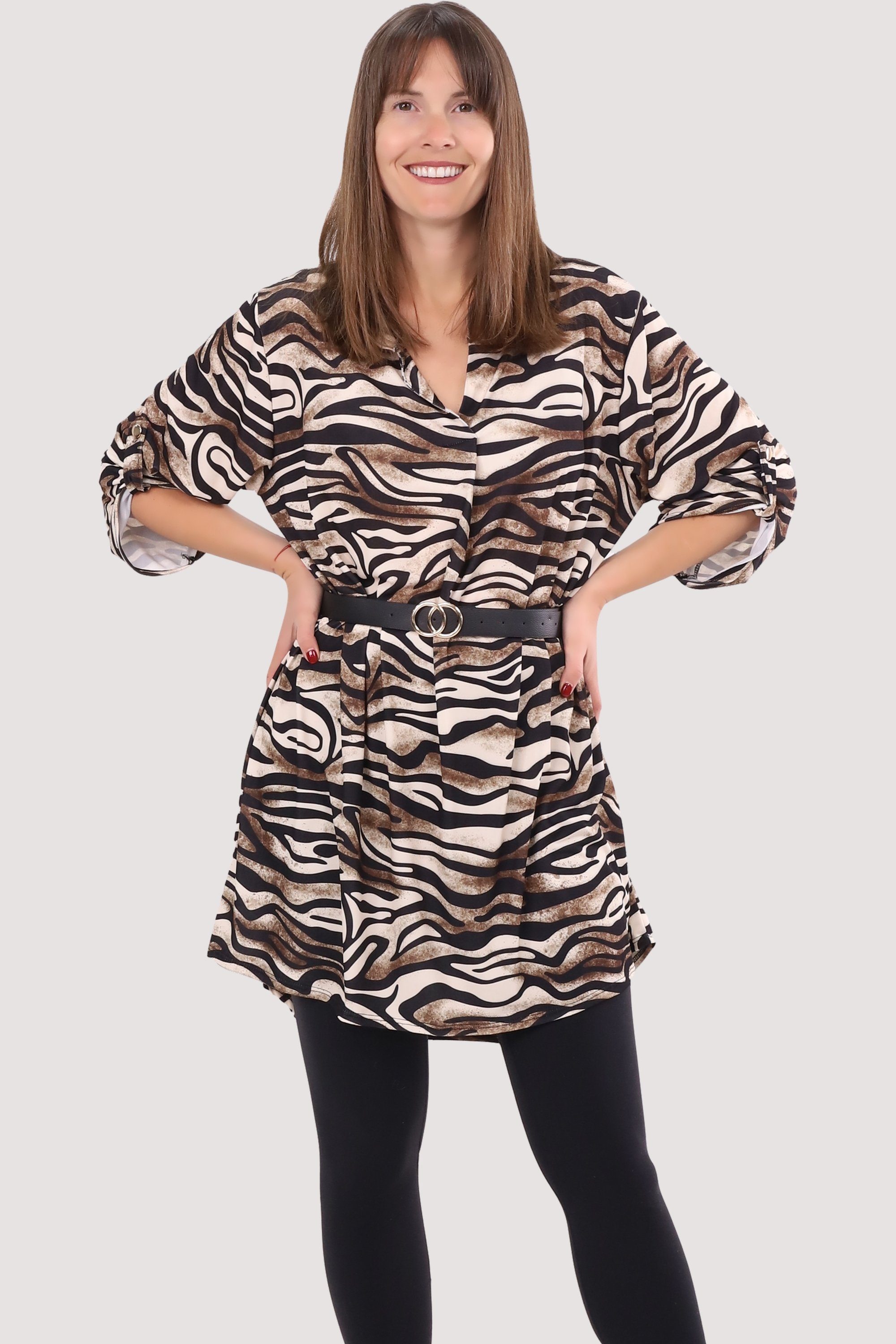 malito more than fashion Druckkleid 23203 Animalprint Kleid Tunika Bluse mit Gürtel Einheitsgröße Zebra