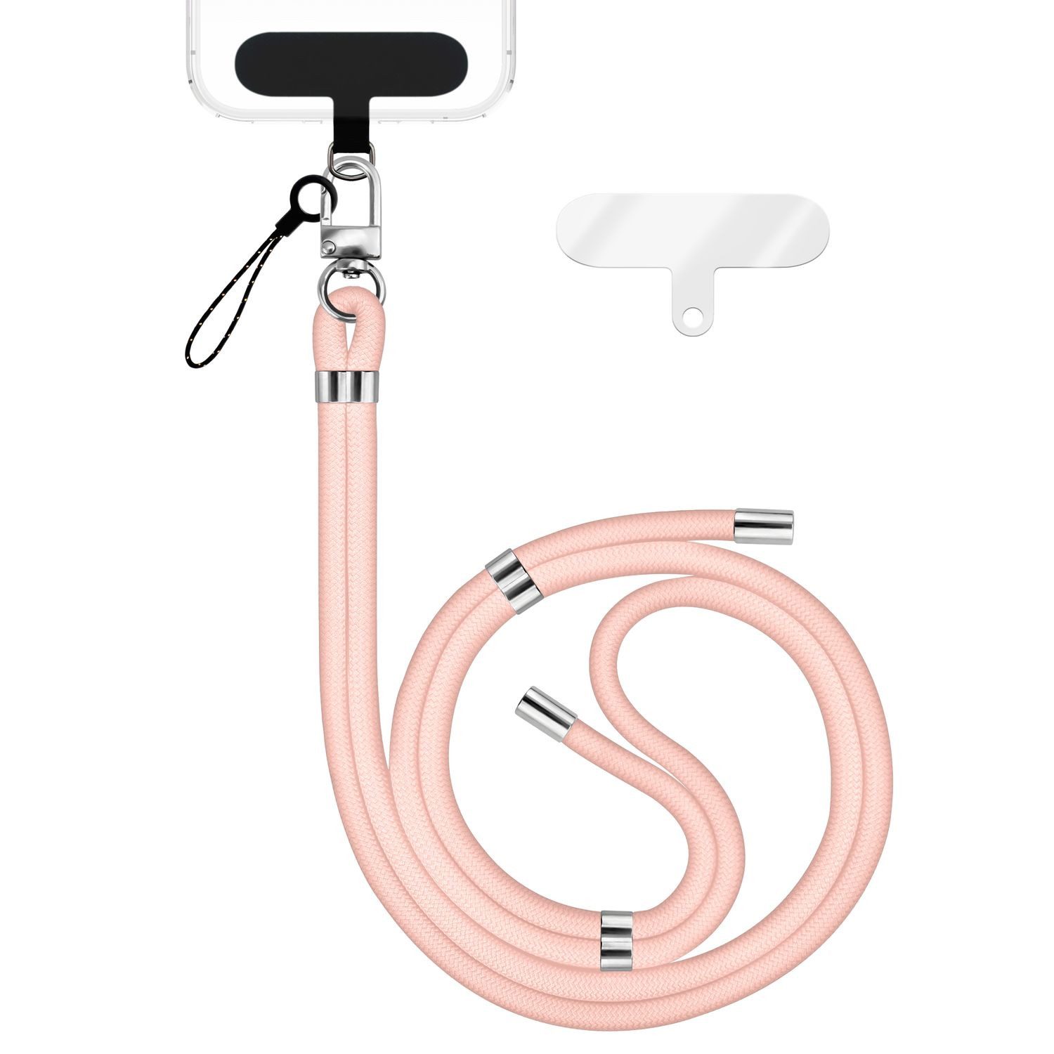 Nalia Handykette Universal Smartphone, Nylon Handyband / Karabiner Silber & 2 Pads / 35-75cm Tragelänge