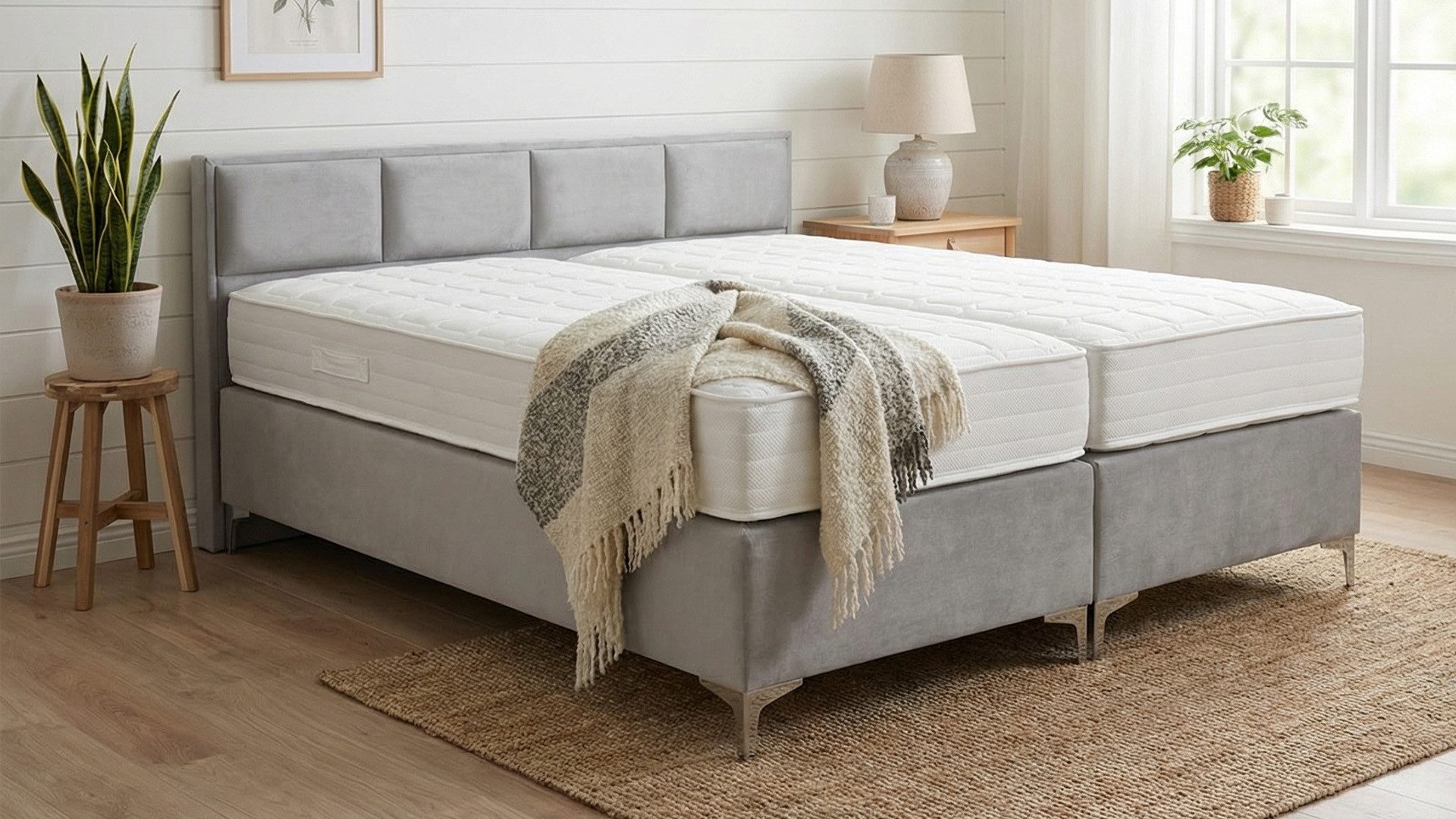 PAARA Boxspringbett mit niedrigem Kopfteil mit Matratze mit integrierten Topper, mit innovativem Belüftungssystem