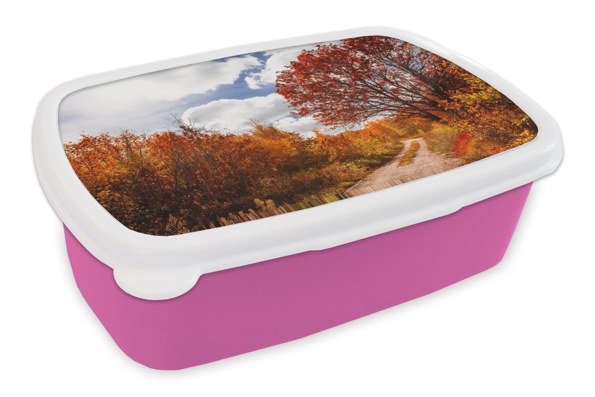 MuchoWow Lunchbox Baum - Weg - Herbst, Kunststoff, (2-tlg), Brotbox für Erwachsene, Brotdose Kinder, Snackbox, Mädchen, Kunststoff rosa