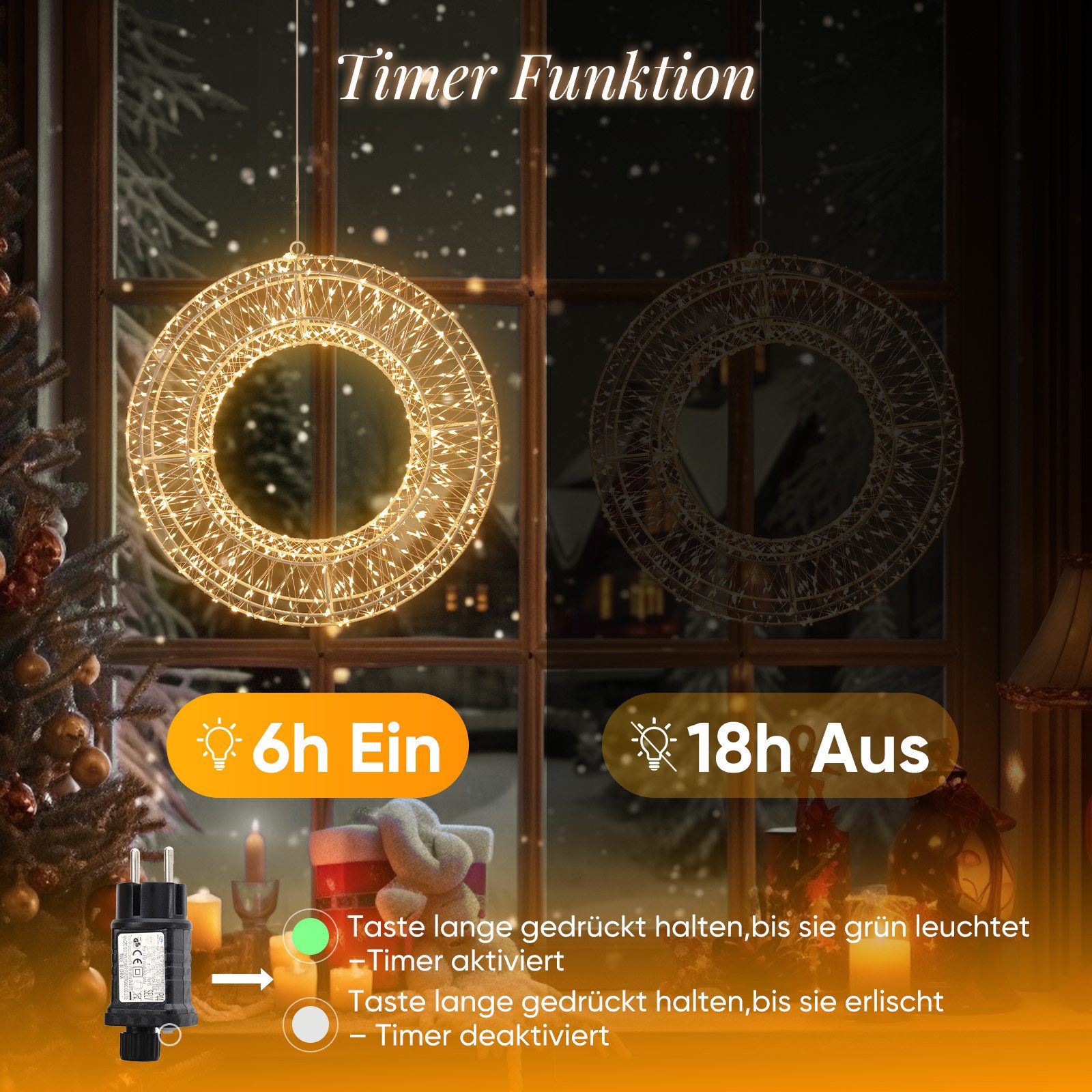 Salcar LED-Lichterkette Lichtkranz LED 3D-Dekokranz Weihnachtskranz Hängekranz Innen & Außen, 2er-Set/Ø45cm 720LED/ 8 Modi/ Timer & Memory Hängekranz Lichterkre – Bild 4 von 5