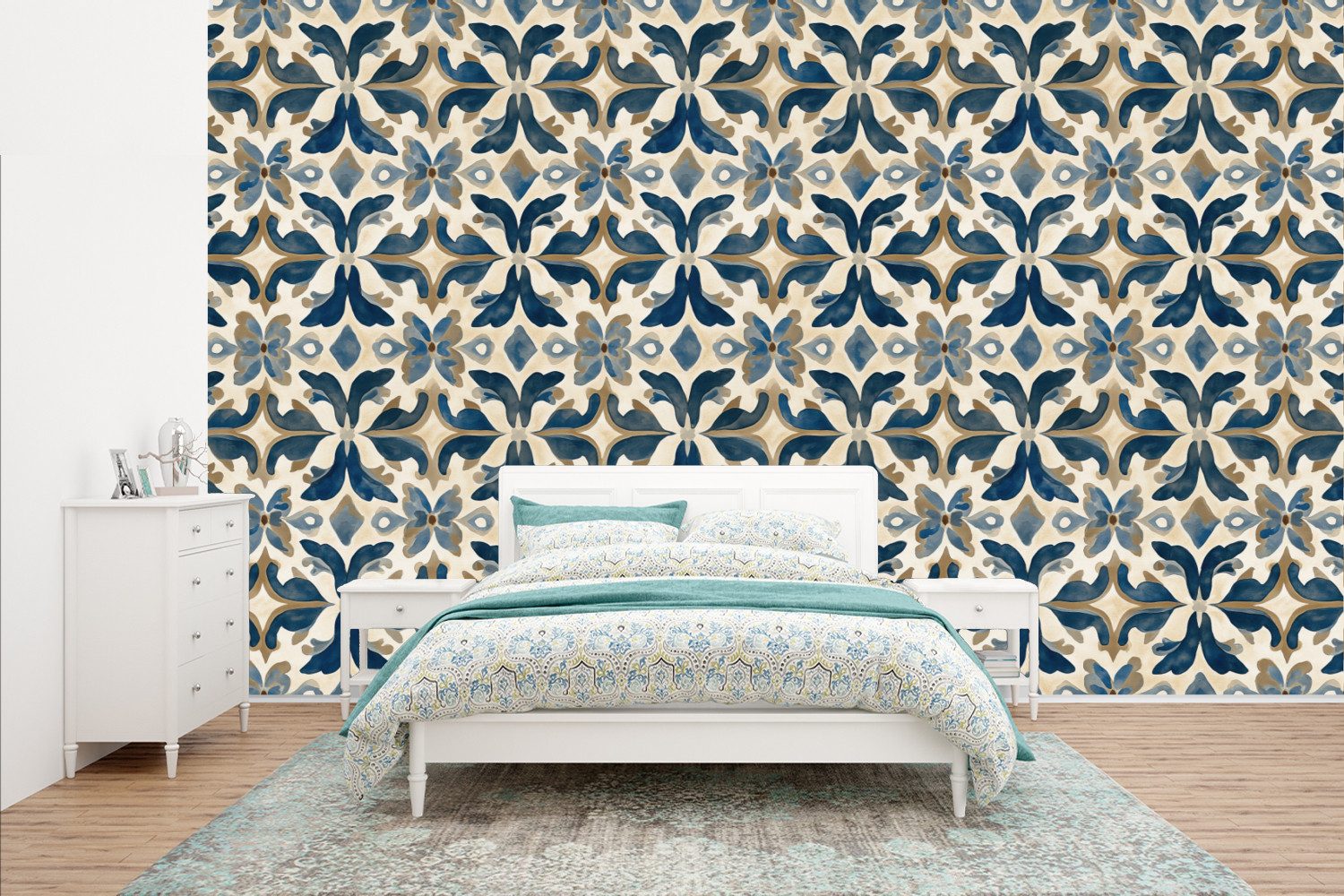 MuchoWow Fototapete Fliese - Muster - Blau - Beige, Matt, bedruckt, Vinyl Tapete für Wohnzimmer oder Schlafzimmer, Wandtapete, 435x260 cm