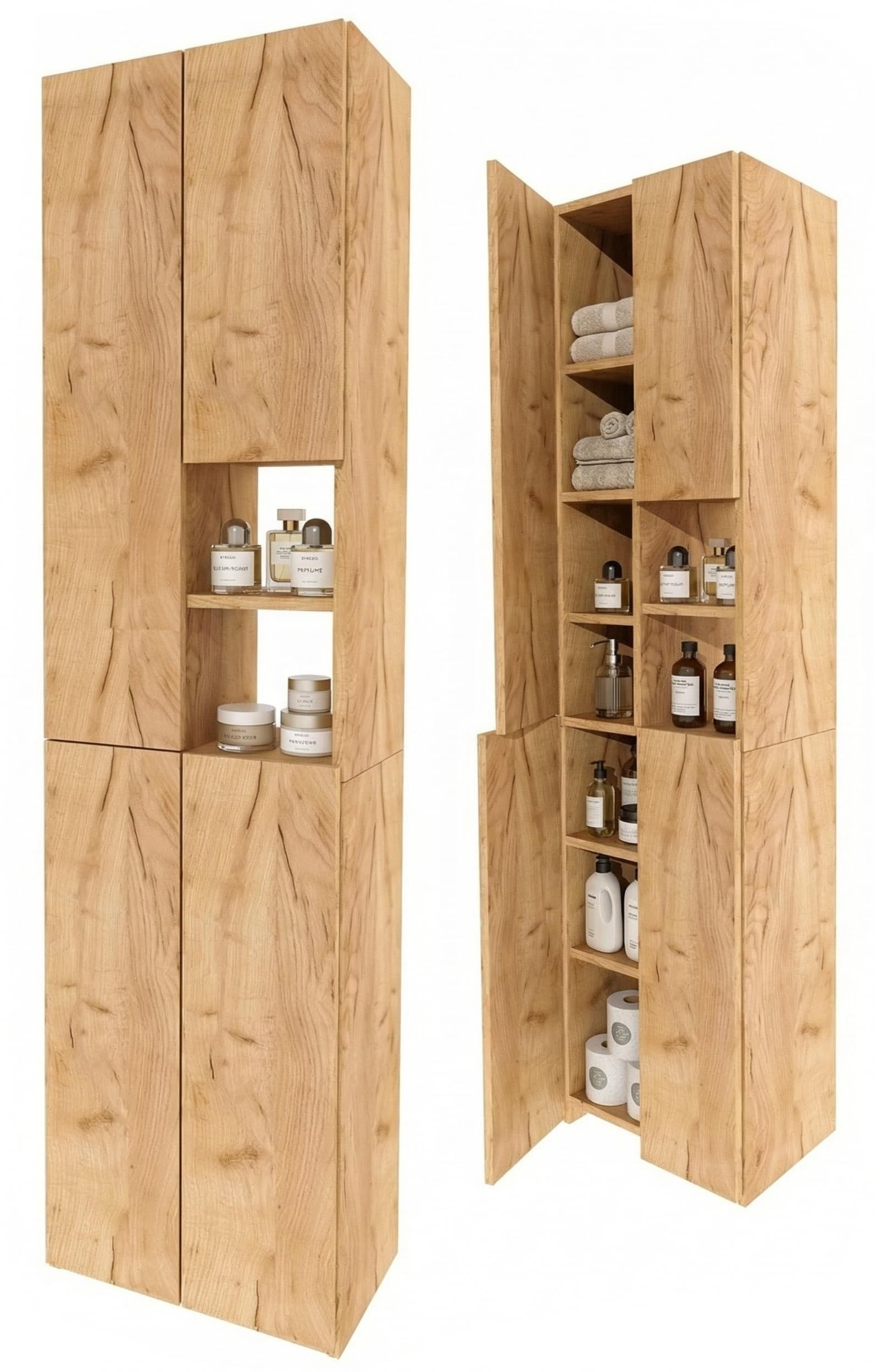 TREND WERK Hochschrank Badschrank schmal stehend B45 x T26,5 x H180 cm (Schmaler Badezimmerschrank mit Regalfächern & Stauraum) Holzoptik, offene & geschlossene Fächer, Standregal Bad, platzsparend