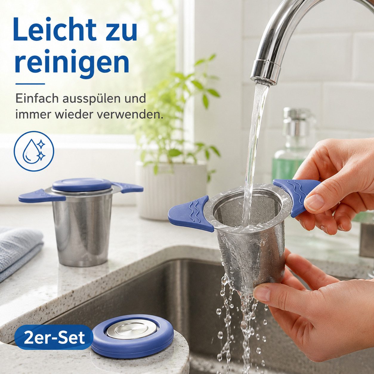 Vornix Teesieb 2er-Set aus Edelstahl, feinmaschiger Tee-Infuser mit Deckel, (hitzebeständigen Silikongriffen, wiederverwendbar für Tassen und Becher)