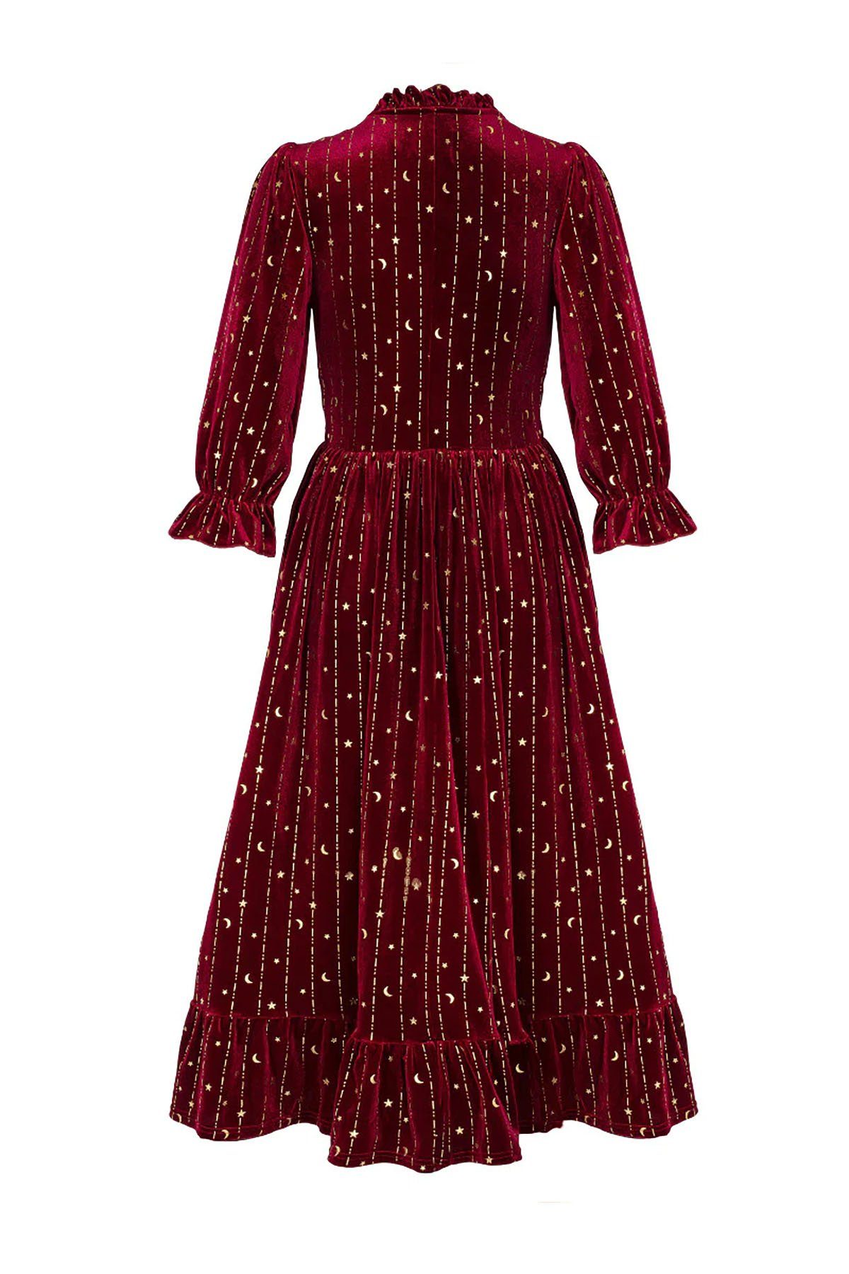 Hell Bunny A-Linien-Kleid Galactica Samt Dress Rot Gothic Sterne Mond
