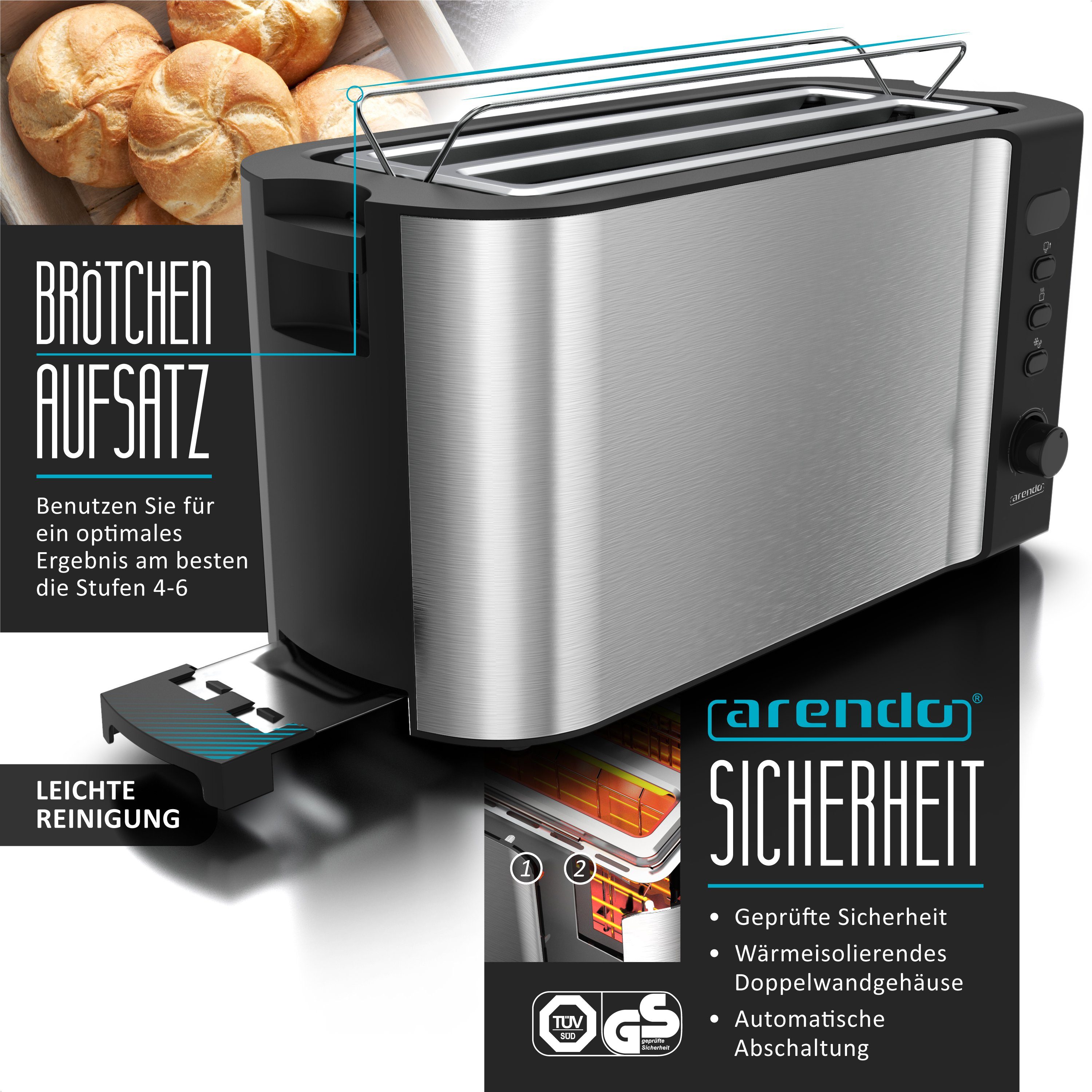 Arendo Frühstücks-Set Wasserkocher 1,5l, 4-Scheiben Toaster, 6er Eierkocher, Silber (3-tlg), Edelstahl, BPA-frei, GS-geprüfte Sicherheit, fürs Familienfrühstück – Bild 5 von 5