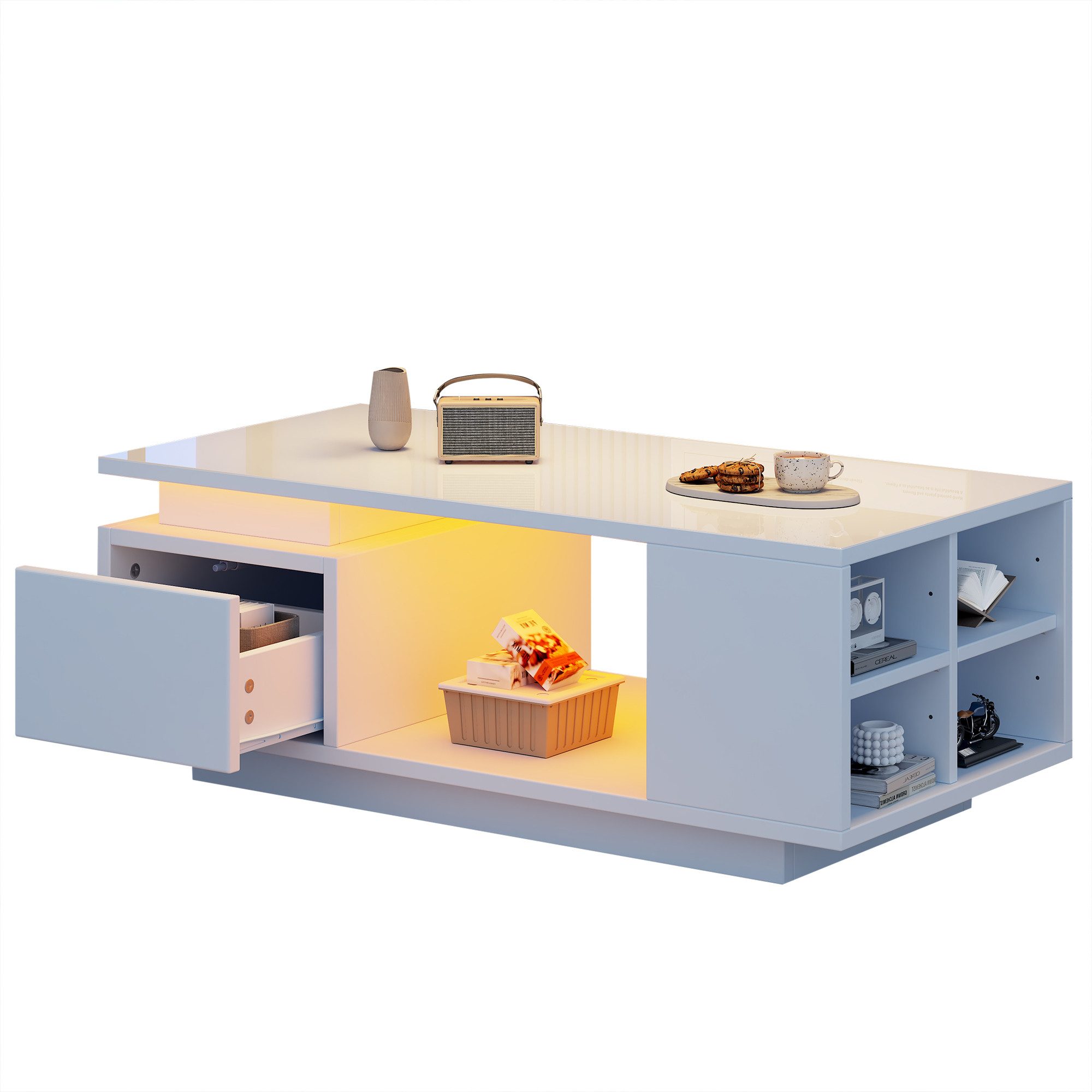 Merax Couchtisch hochglanz Sofatisch Beistelltisch mit LED-Beleuchtung (1-St), Wohnzimmertisch mit Schublade & seitlichem Stauraum, 100x50x36cm