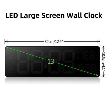 BlingBin Wanduhr 13-Zoll Digitale Wanduhr Elektronische Uhr grünes LED Licht Uhrzeit (Großdisplay Digitaluhr LED-Wanduhr mit Fernbedienung Doppelter Wecker)