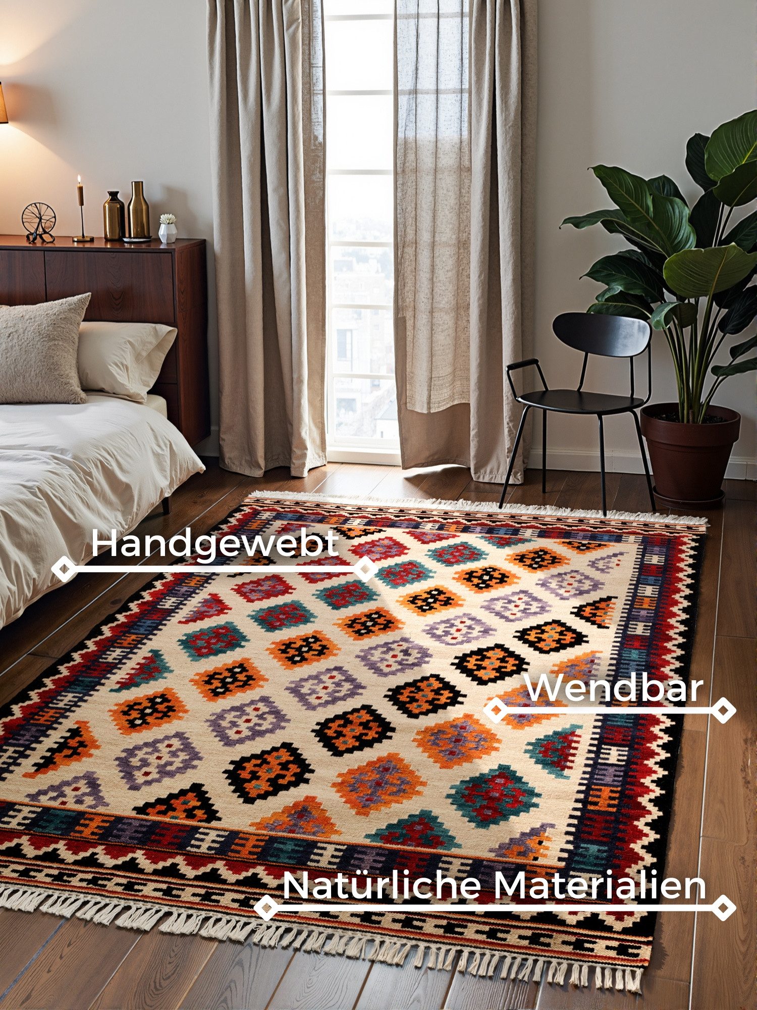 HANSE Home Teppich Kelim Kian, rechteckig, Höhe: 3 mm, Wolle, Baumwolle, Natur, Handgewebt, orientalisch, Boho, traditionell