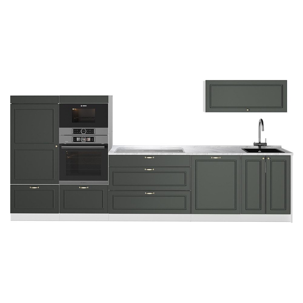 Vicco Küchenzeile Fame-Line, Grün-Gold Landhaus/Weiß, 340 cm, AP Marmor