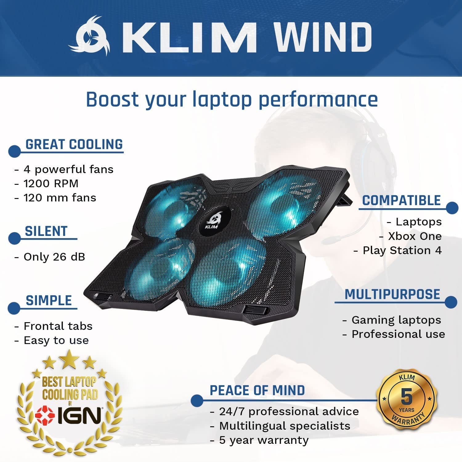KLIM Notebook-Kühler Wind, Kühlventilator schnelle Laptop-Kühlpad der leistungsstärkste Cyan –