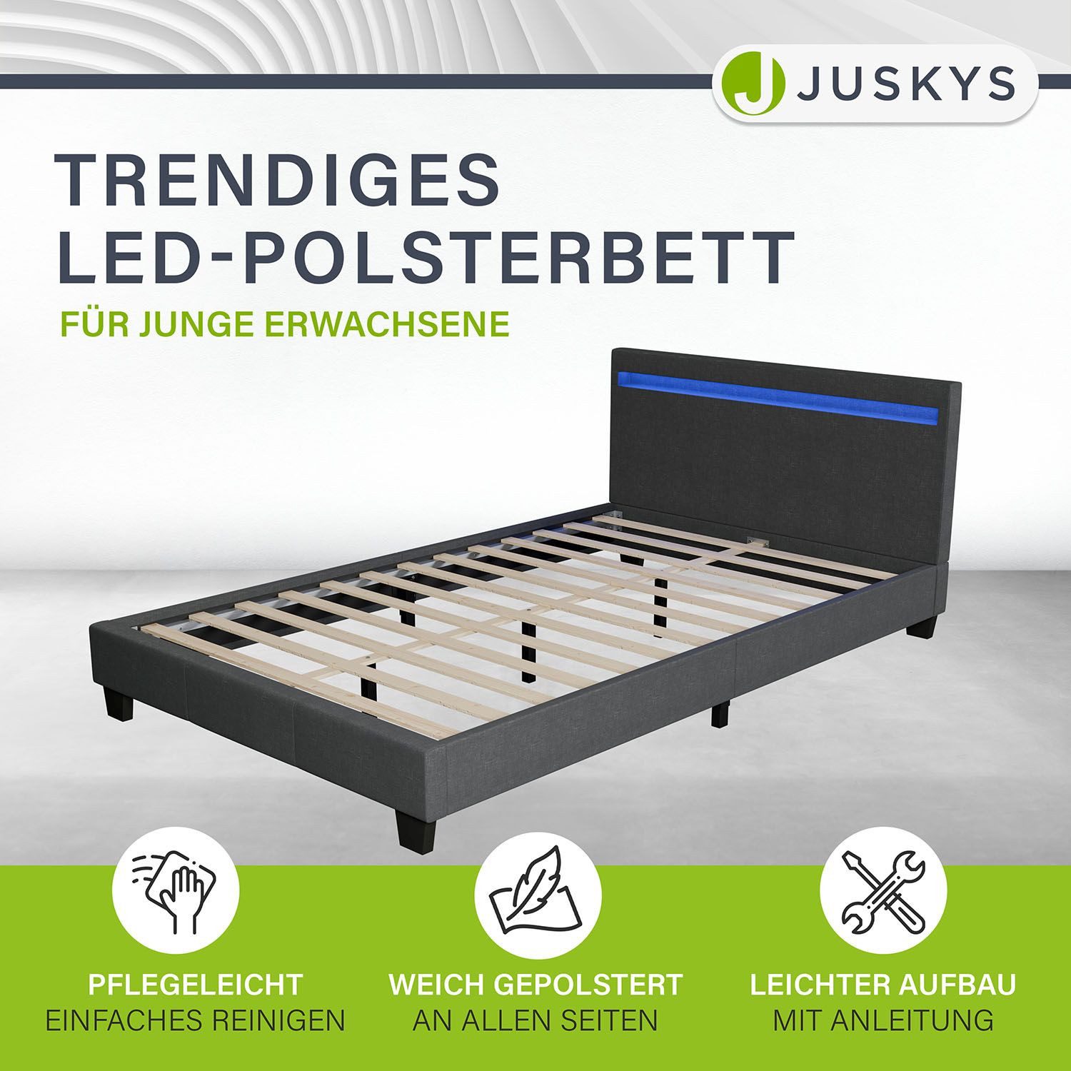 Juskys Polsterbett Paris, 120x200 cm, Webstoff, hohes Kopfteil, robustes Be günstig online kaufen