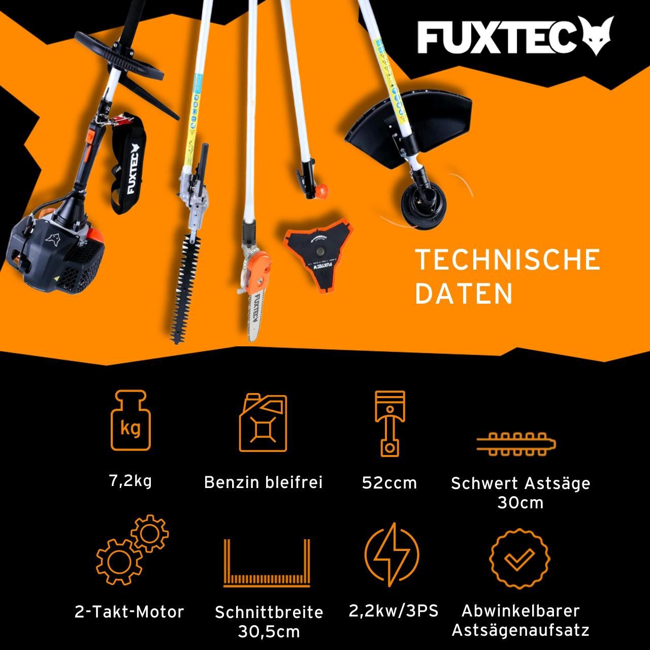 FUXTEC Benzin-Motorsense FX-MT252ER, 44 cm Arbeitsbreite Messer, 5in1 Multitool, 3PS, 52ccm, 30.5cm Schnittbreite, 40cm Schnittlänge