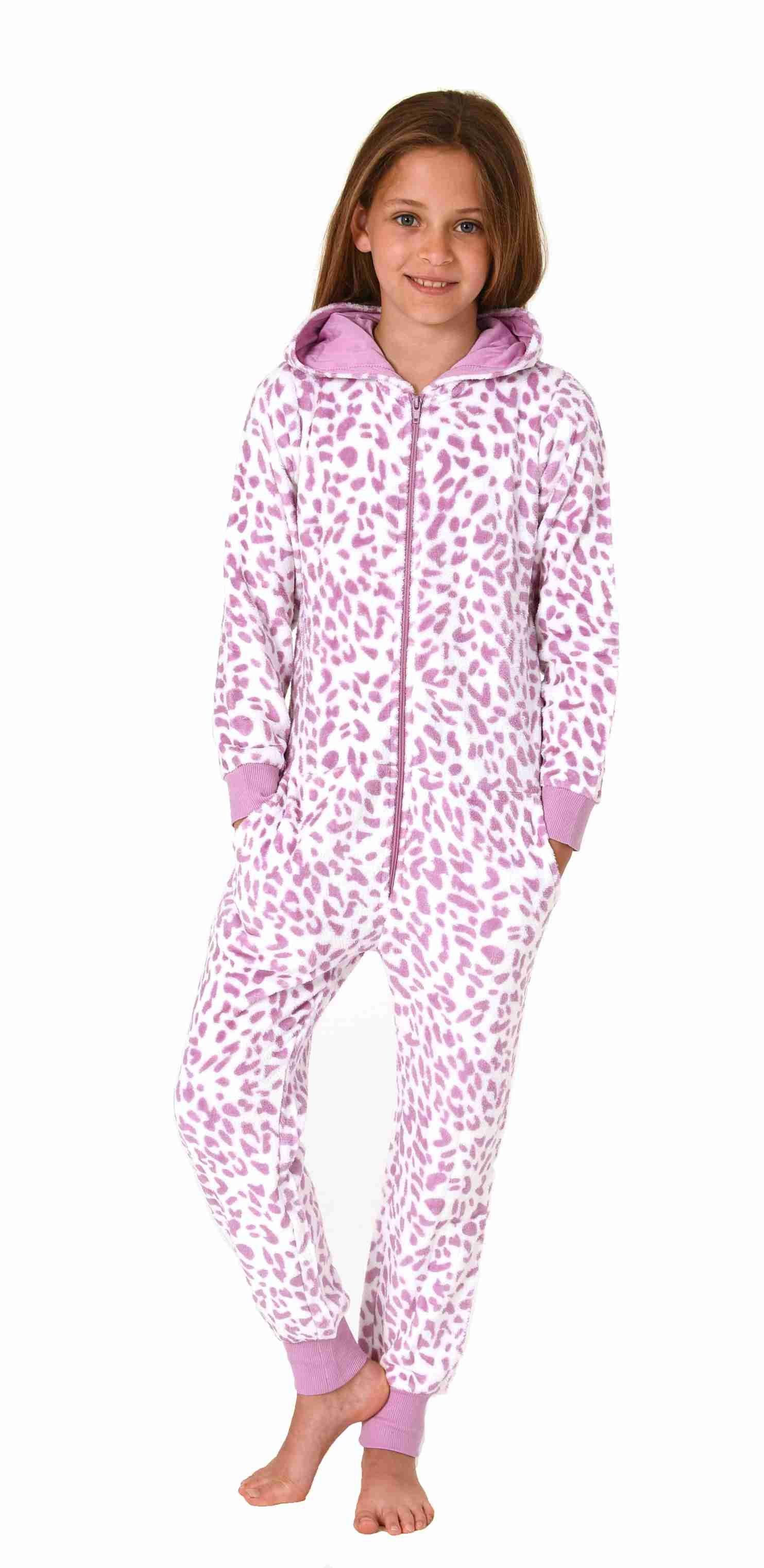 Normann Pyjama Mädchen Schlafanzug Einteiler Jumpsuit aus Coralfleece im Animal Look pink