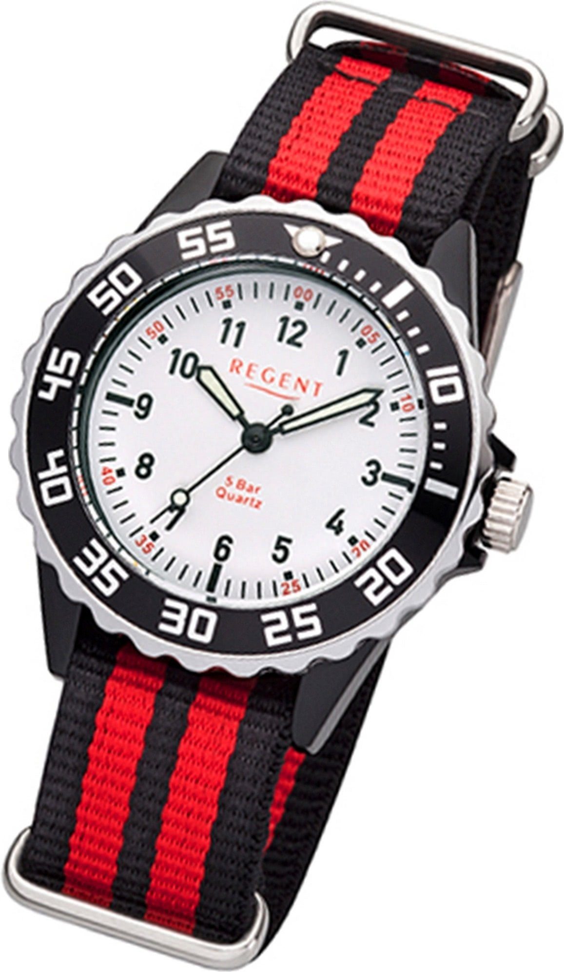 Regent Quarzuhr Regent Textil Kinder-Jugend Uhr F-1205, Kinderuhr Textilarmband rot, schwarz, rundes Gehäuse, mittel (35mm)