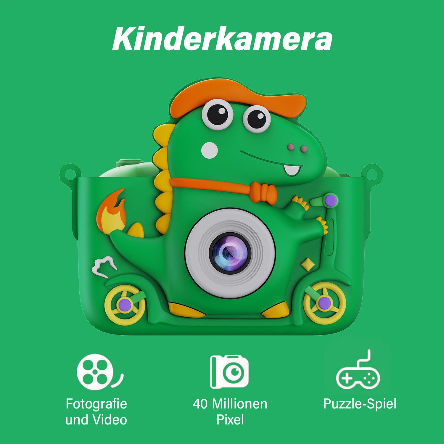MOPUEA Fotokamera 2" Display 1080P Digitalkamera Dinosaurier 32G Karte Outdoor-Kamera (Mini-kamera enthält 5 Klassische Spiele, 10 Spiegeleffekte)