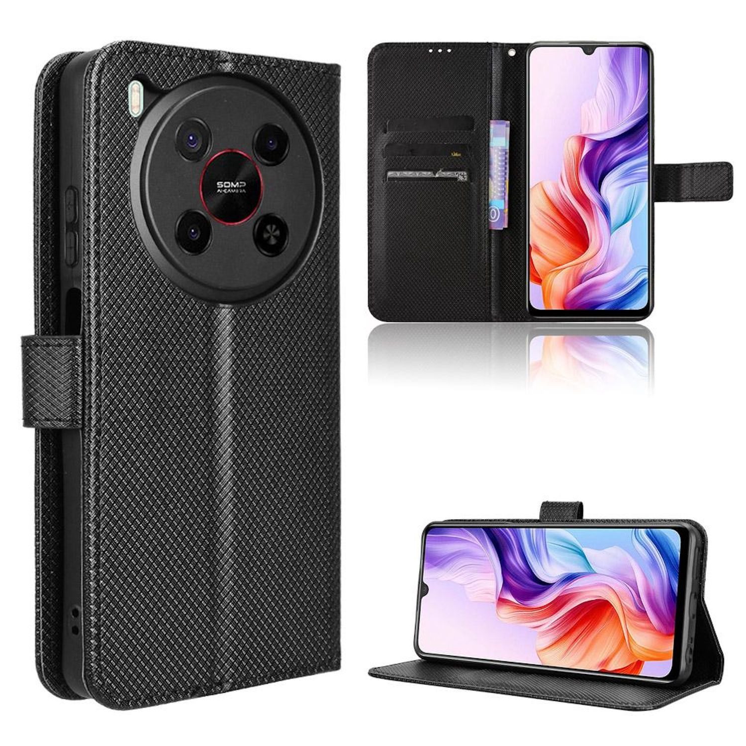 Wigento Smartphone-Hülle Für ZTE Blade V70 Max Diamant Design Wallet Kunstleder Hülle Schwarz, Diamantstruktur Kunstleder Hülle mit Kartenfächern und Standfunktion