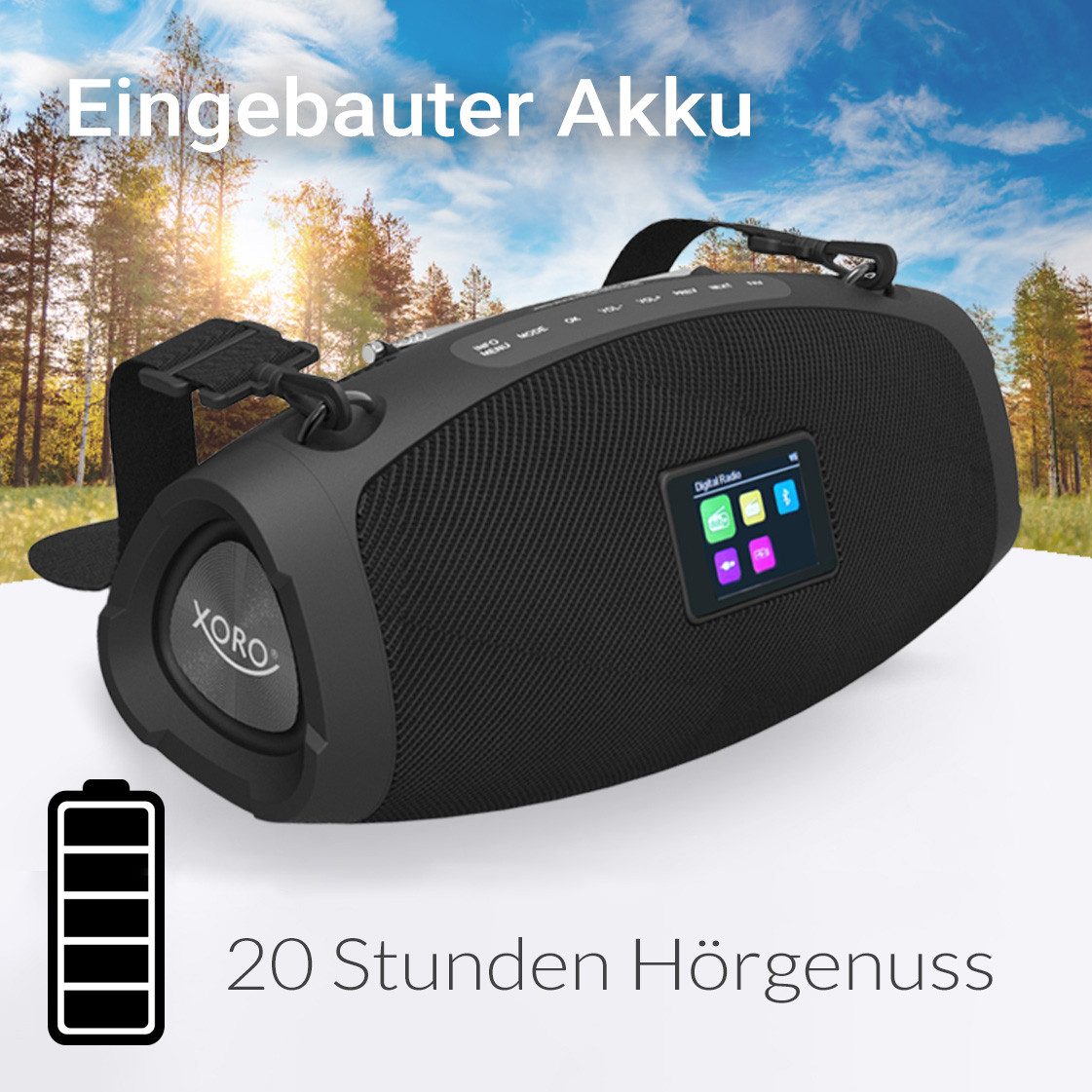 Xoro DAB 800 - Outdoor Radio mit 2x 10W Lautsprecher für Garten & Camping, Digitalradio (DAB) (DAB+, Digitalradio (DAB), FM‑Radio, Robustes Outdoor‑Radio mit kräftigem Stereo‑Sound und DSP‑Technologie)