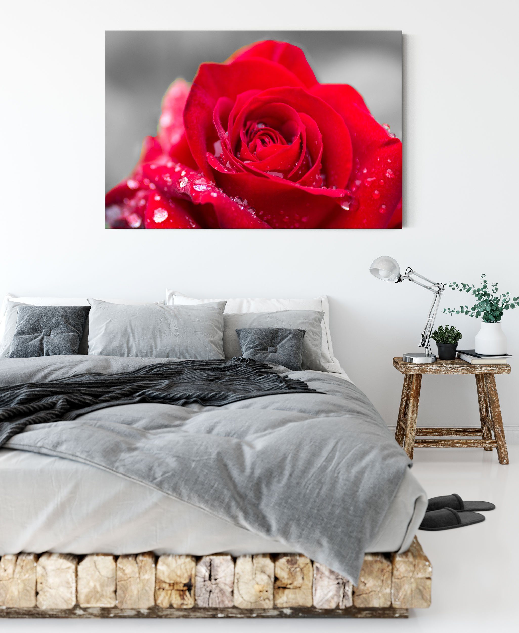 Rose mit Rose St), Wassertropfen, Wassertropfen Leinwandbild Pixxprint Leinwandbild bespannt, Zackenaufhänger fertig inkl. mit (1