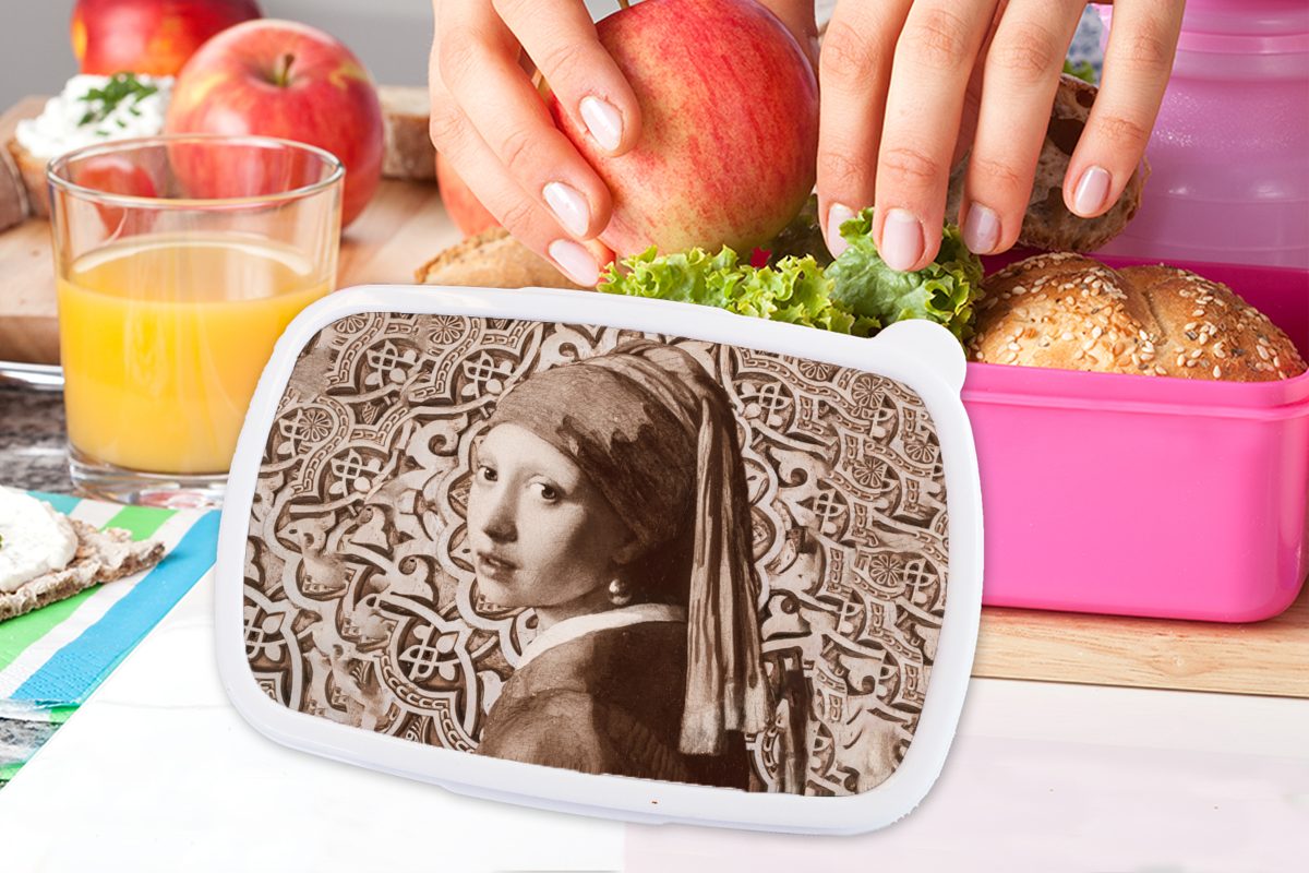 Brotbox dem Braun, MuchoWow mit Vermeer rosa Brotdose Lunchbox Snackbox, Mädchen, Kunststoff - Mädchen Kinder, - (2-tlg), Das Erwachsene, Perlenohrring für Kunststoff, Johannes