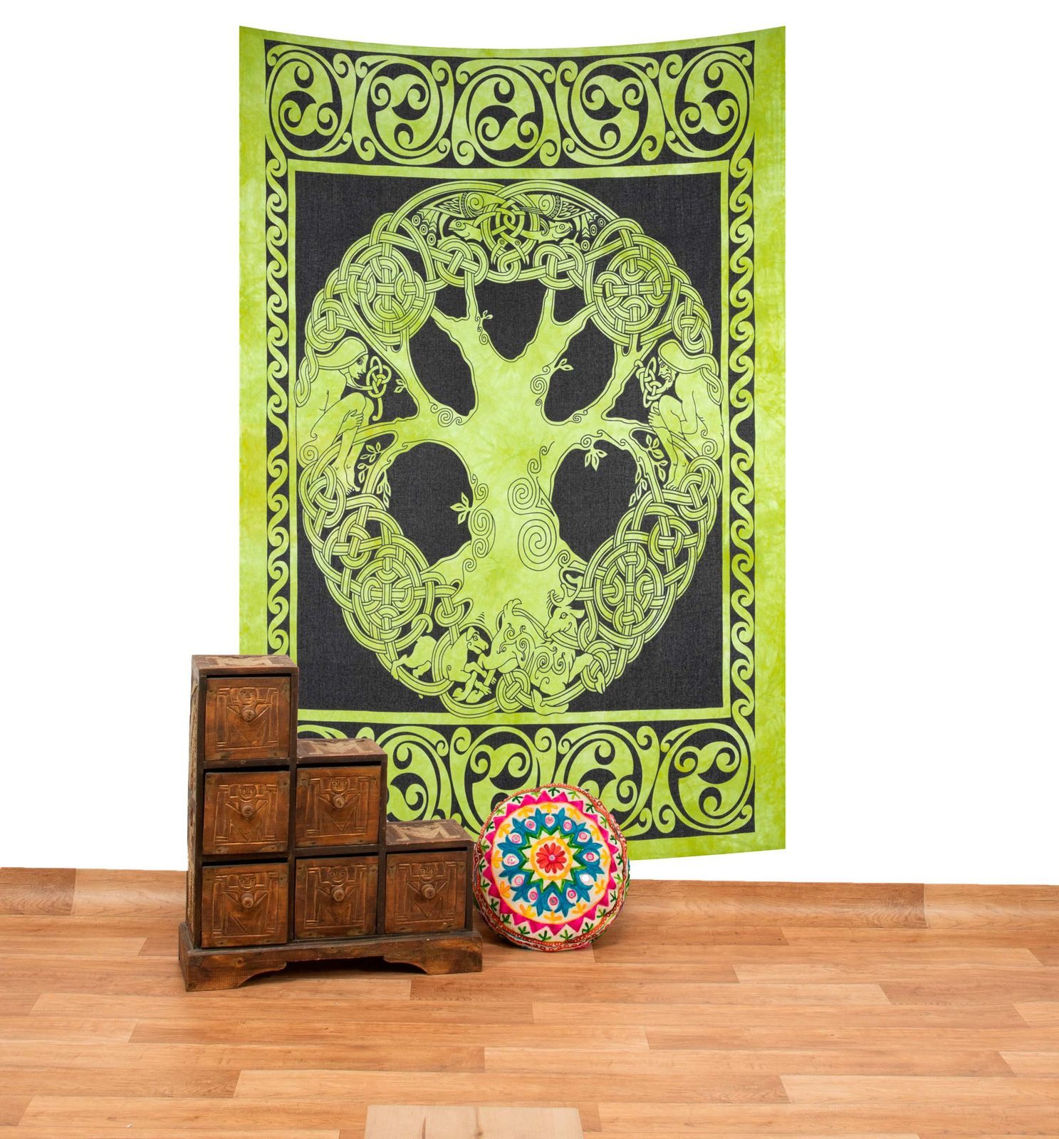 KUNST UND MAGIE Wandteppich Tagesdecke Wandbehang Lebensbaum Ygdrasül Keltisch Grün ca.210x145cm