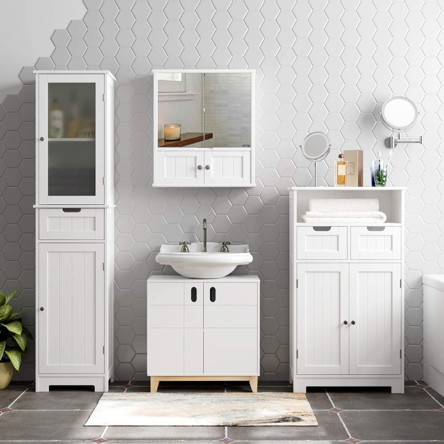 Badezimmer HOMECHO mit Hochschrank Weiß Schublade Türen Schmal und