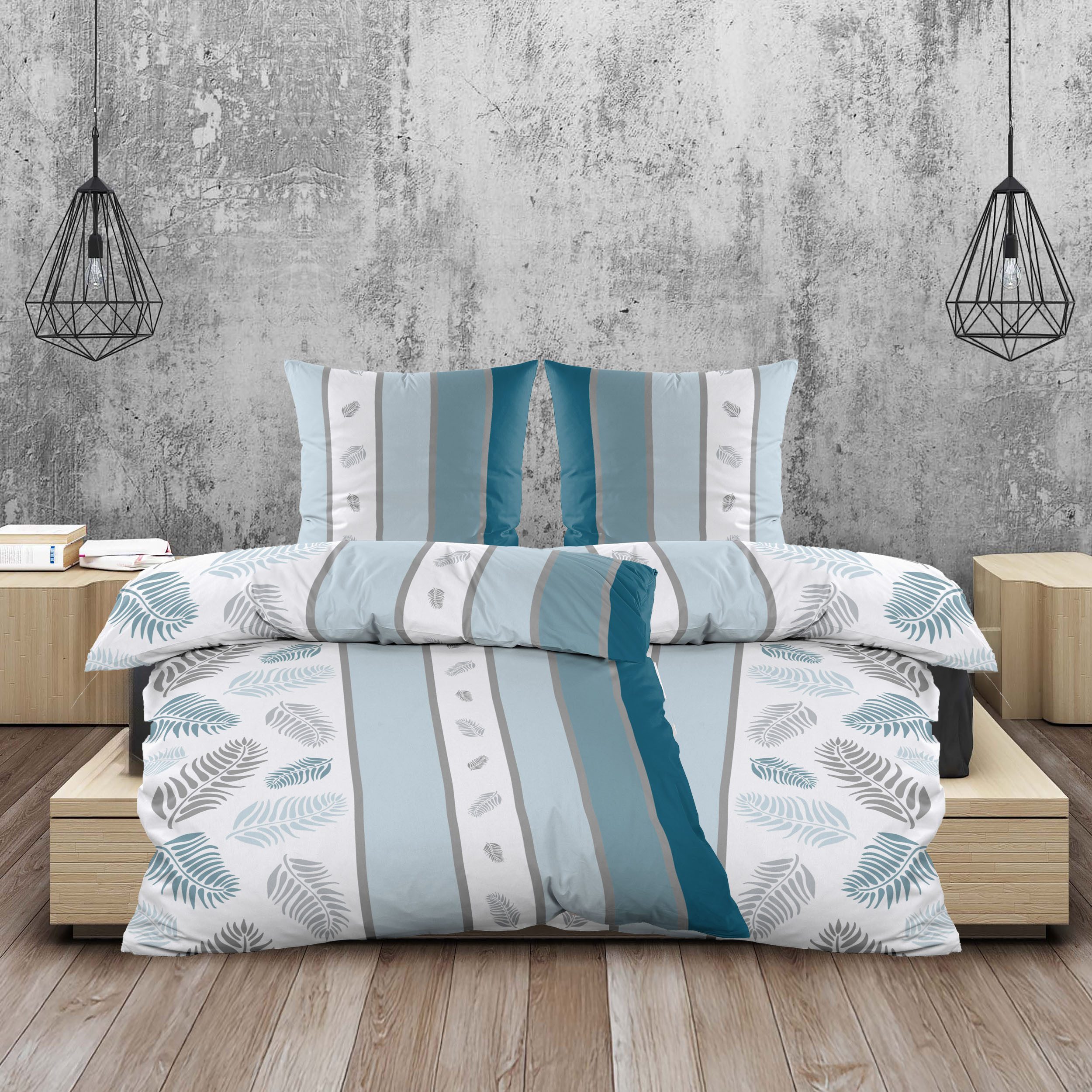 Casa Colori Bettwäsche Biber 135x200cm Petrol Streifen & Federn, Biber, 4 t günstig online kaufen