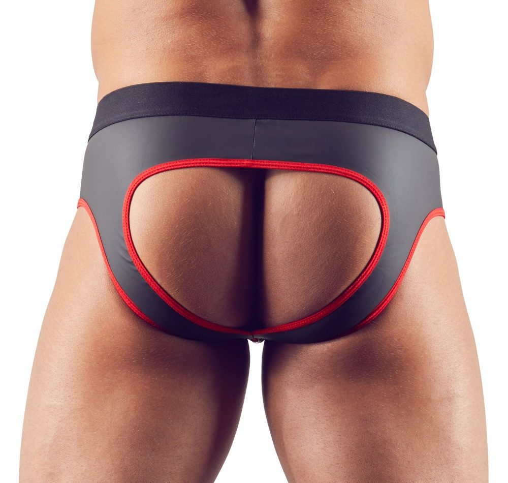 Svenjoyment Slip Pofreier Jock Slip mit Reißverschluss - schwarz, rot (1-St) Neopren-Gummi-Optik