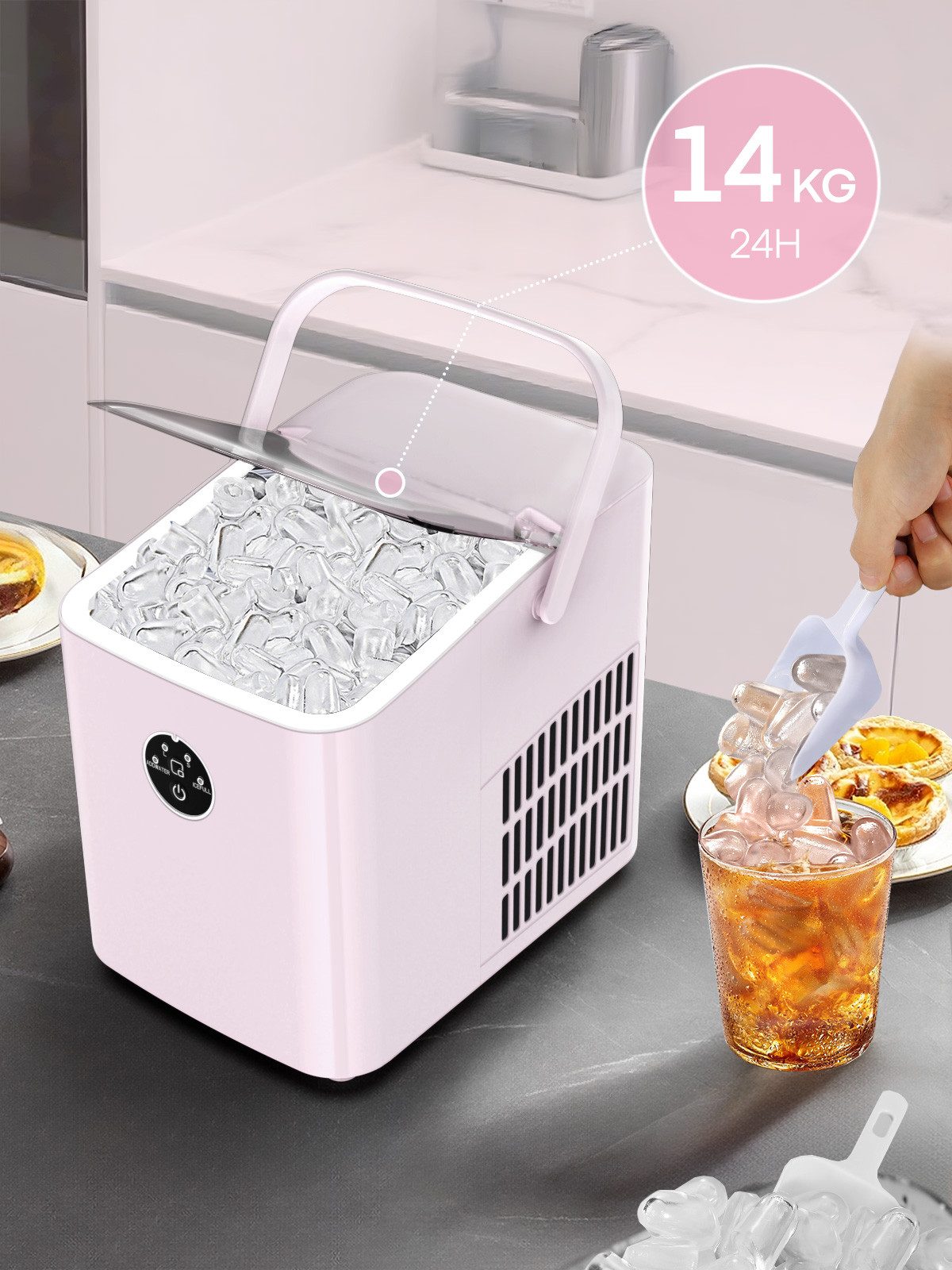 FOHERE Eiswürfelmaschine Klein, 14kg/24h, 6 Min. Eis, 2 Bullet Ice Größen, selbstreinigend, Party/Büro, rosa