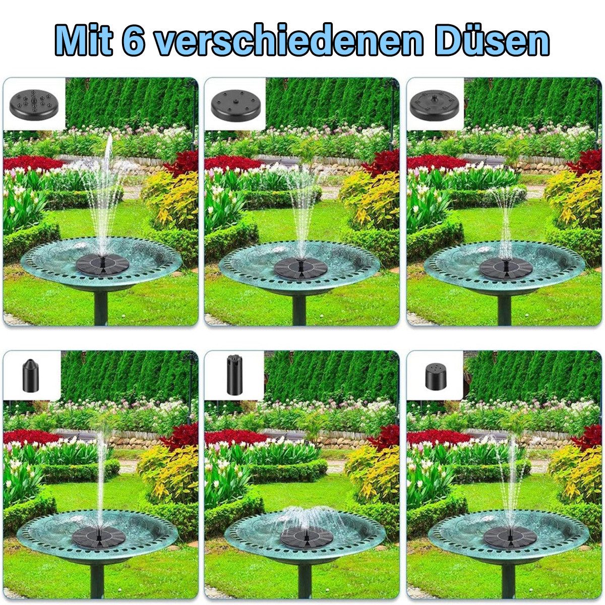 MOPUEA Gartenbrunnen Gartenbrunnen LED-Solarbrunnen, erhältlich mit und ohne Beleuchtung, (1 tlg), mit 4 Düse, Solar Schwimmender Fontäne Pumpe für Garten, Teich