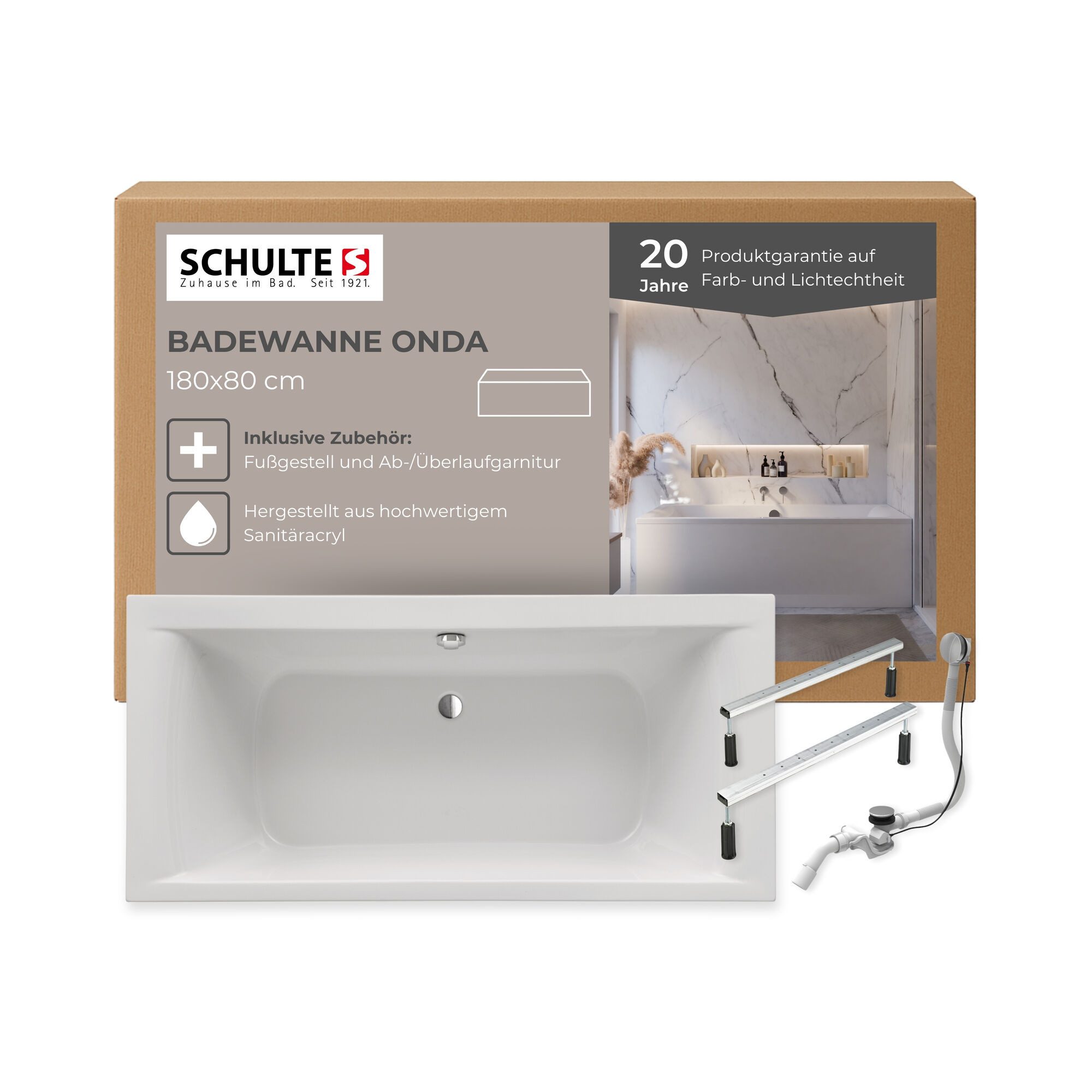 Schulte Badewanne Onda, Körperform, Sanitäracryl, Weiß, Größenauswahl, (Komplett-Set), 180x80 cm, mit Fußgestell und Ablauf