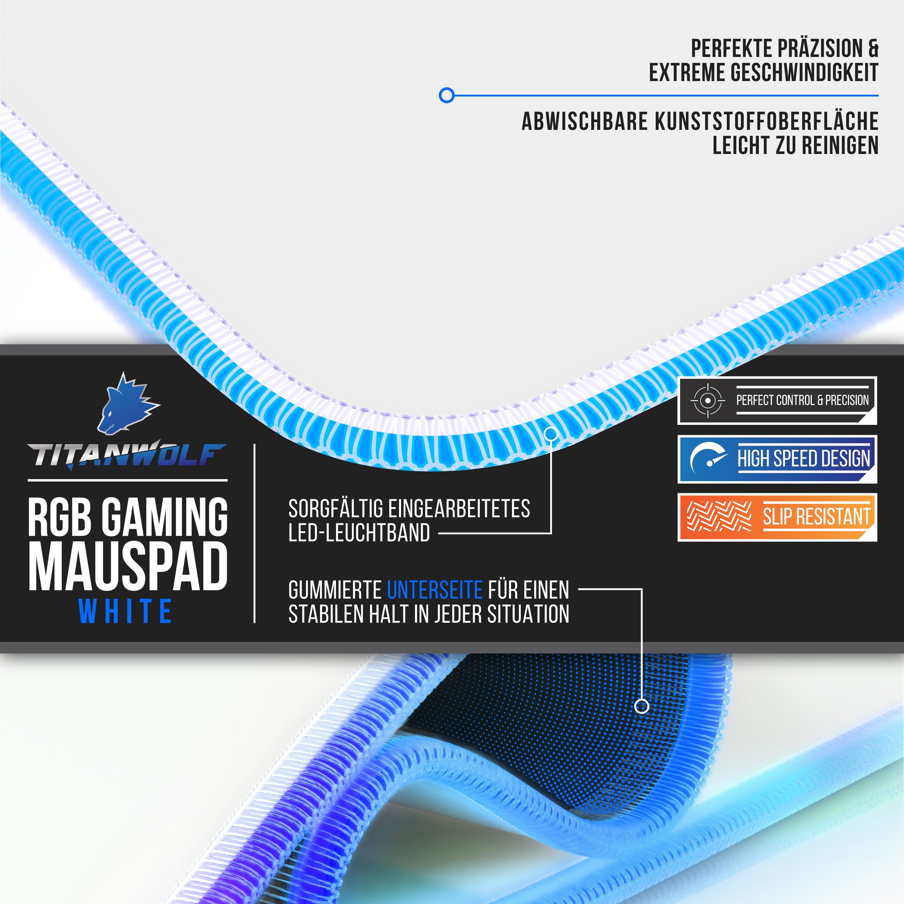 Titanwolf Gaming Mauspad RGB Mousepad 900 x 400 x 3 mm, LED Multi Color XXL Tischunterlage, rutschfest, abwaschbar, Geschwindigkeit & Präzision, weiß