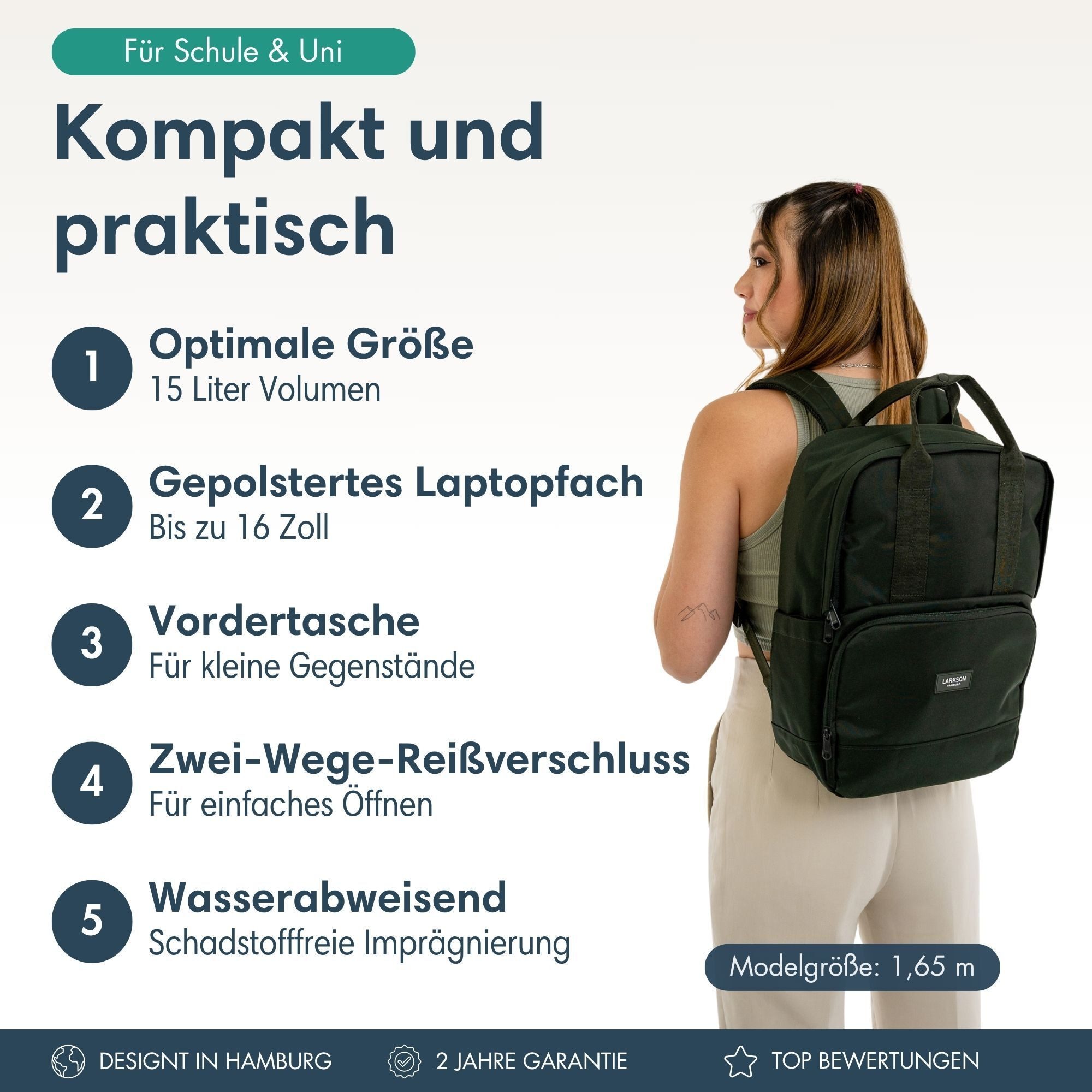 LARKSON Cityrucksack No 6 Laptop Rucksack Damen Herren (1-tlg), Tagesrucksack, Laptopfach, Wasserabweisend