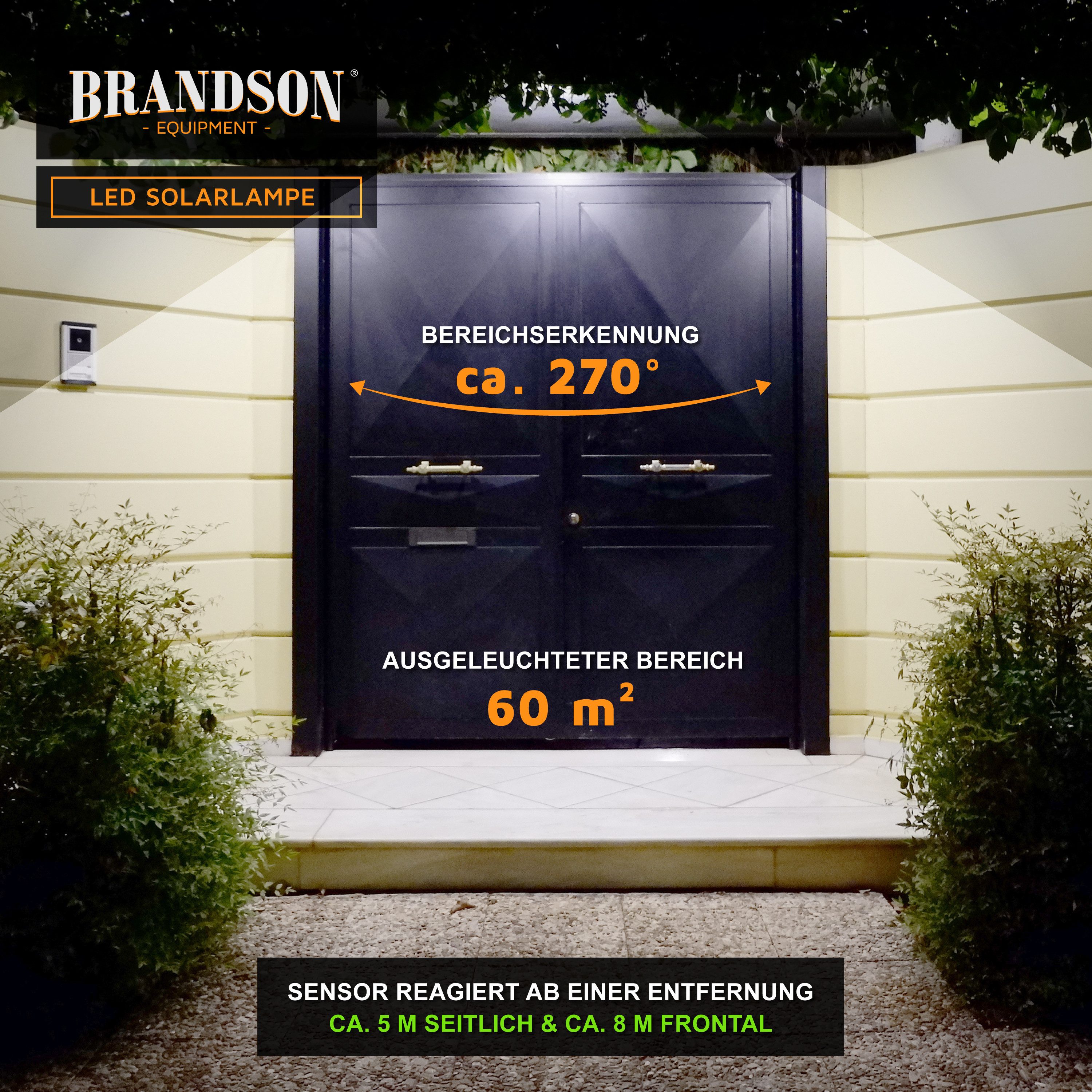Brandson LED Solarleuchte Solar Sicherheits-/Außenlampe, 120 LEDs, PIR-Sensor, 500 Lumen, 6500K, Ein-/Ausschalter, LED fest integriert, Kaltweiß, 2400 mAh Akku, 270° Licht, dreh/schwenkbar, wetterfest, Außenstrahler