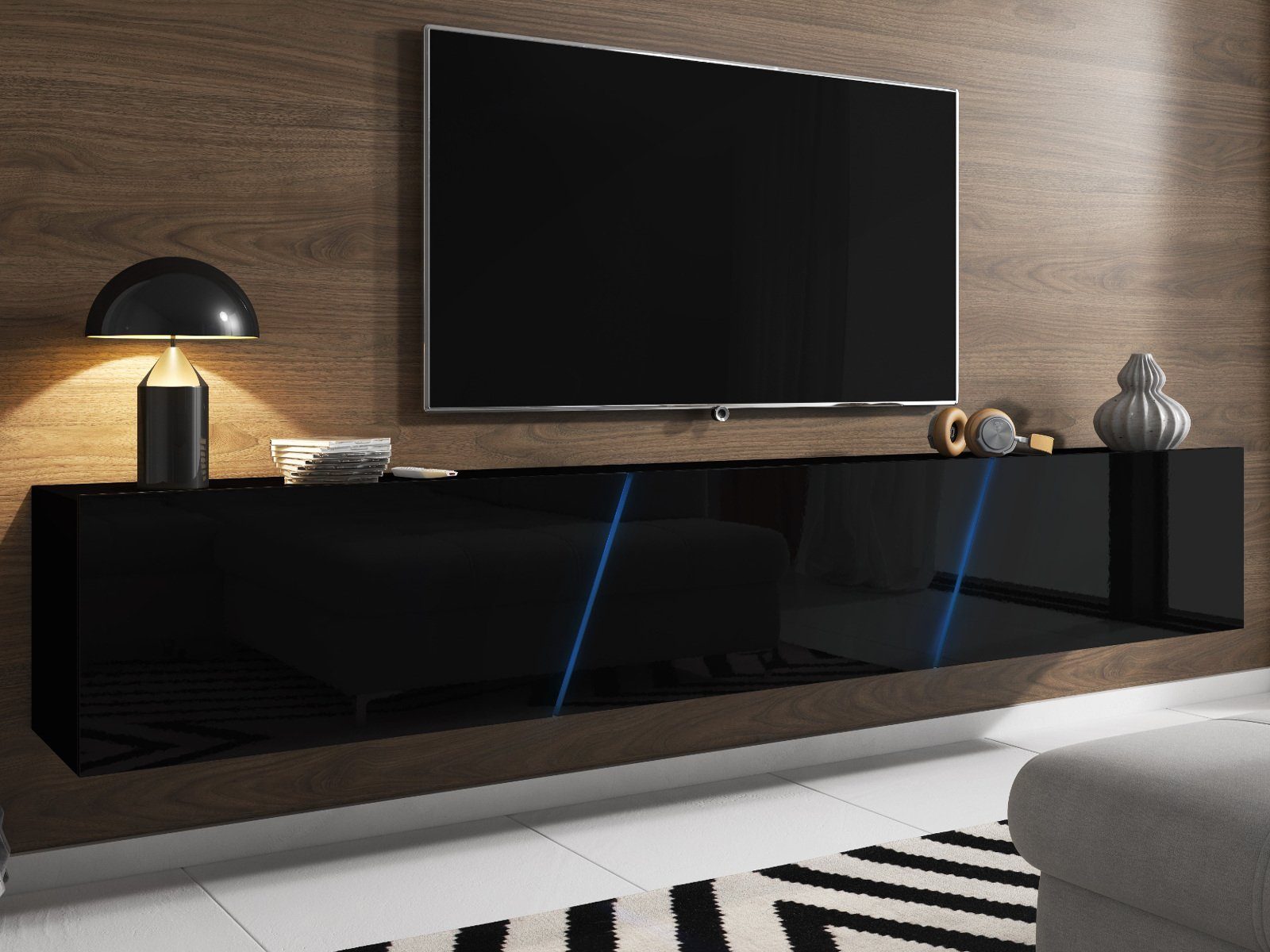 GuenstigEinrichten Lowboard Space (TV Unterschrank 240 cm, schwarz  Hochglanz), inklusive LED RGB Beleuchtung