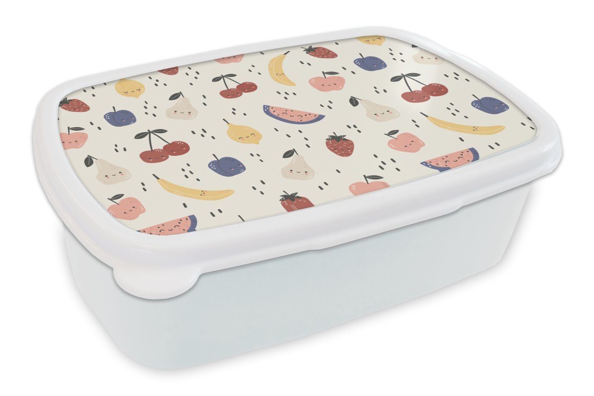 MuchoWow Lunchbox Design - Obst - Kawaii - Muster, Kunststoff, (2-tlg), Brotbox für Kinder und Erwachsene, Brotdose, für Jungs und Mädchen weiß