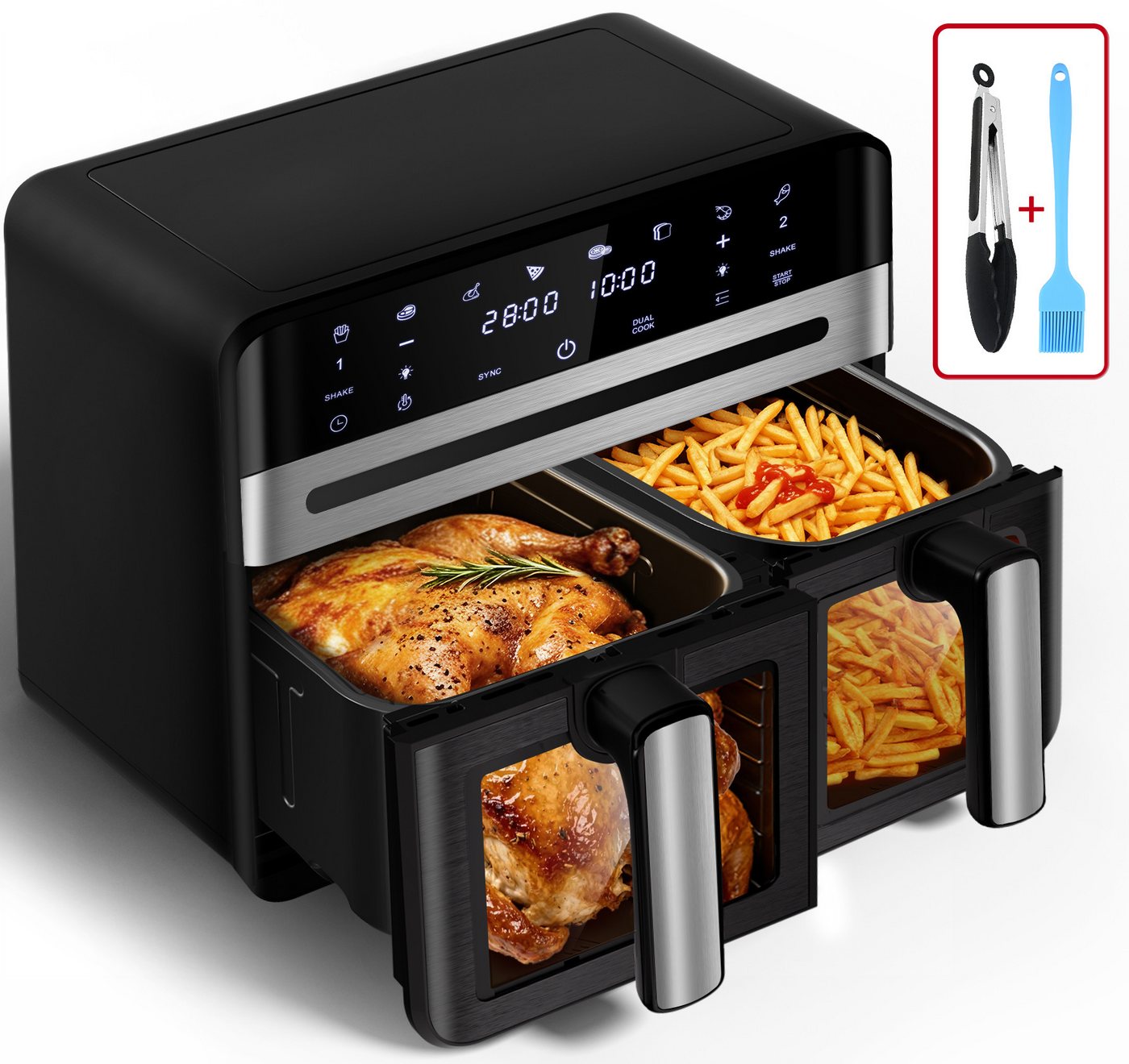 Fukstern Heißluftfritteuse 2 Kammern, 2 Schubladen,Airfryer 11L mit Sichtfenster, Touchdisplay, 8 voreingestellte Programme, unabhängiger Temperaturregelung, Antihaft-Metallkörbe, 5.5L+5.5L, fettarmes gesundes Kochen, 2400 W, 2400 W, inklusive Grillzange