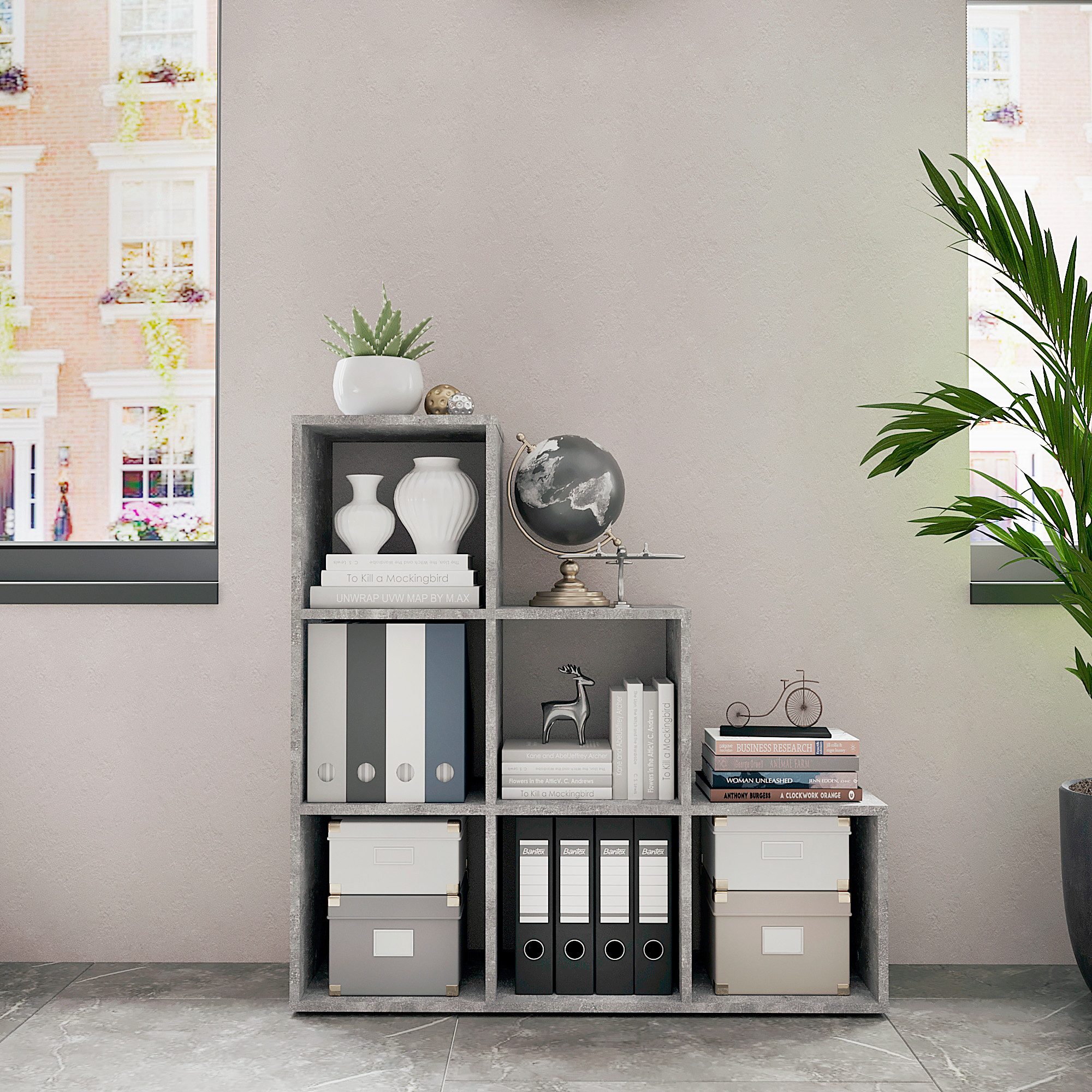 KOMTO Bücherregal Vexo Treppenregal Stufenregal - Raumteiler Regal mit 6 Fächern, Bookshelf Würfelregal 30x30 cm