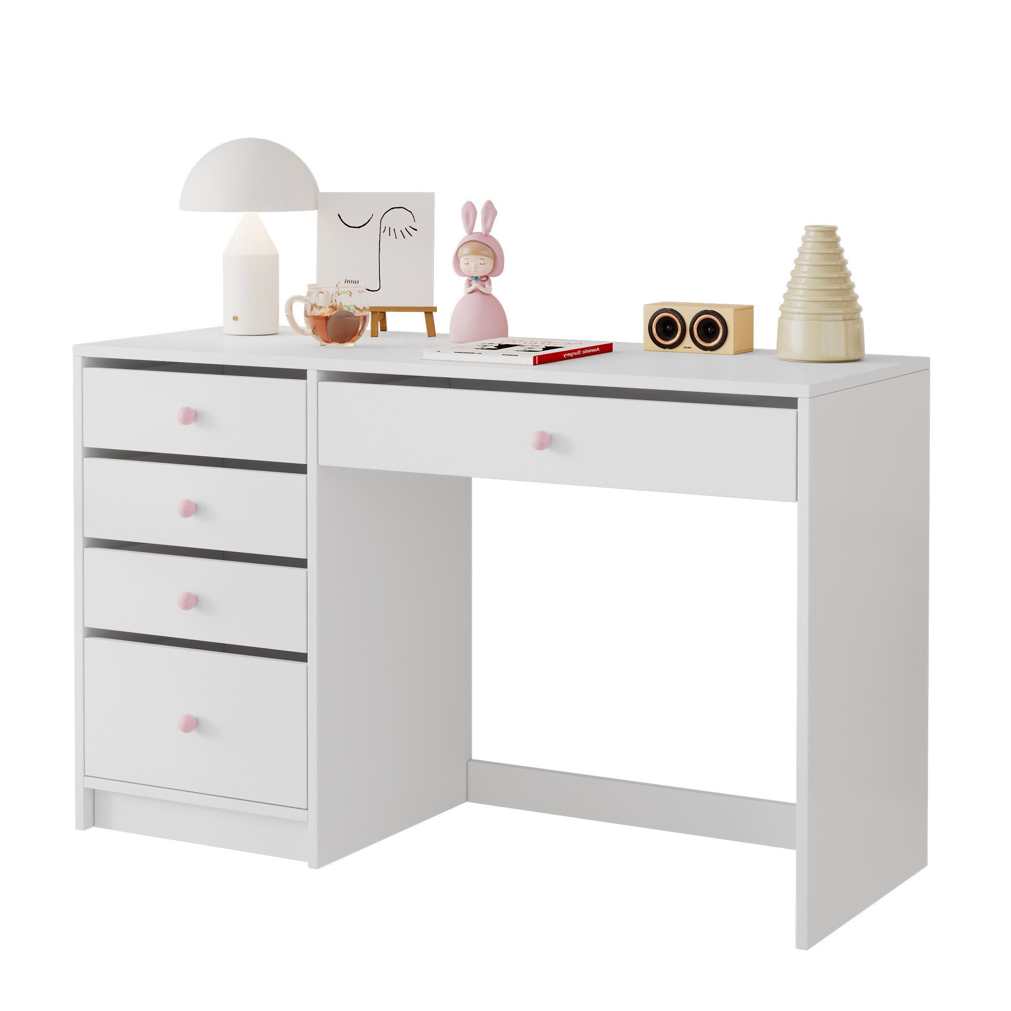 OKWISH Schreibtisch mit rosa Keramikgriffen (Kinderschreibtisch, Computertisch, 1-St., 120×45×74 cm), mit 5 Aufbewahrungsschubläden